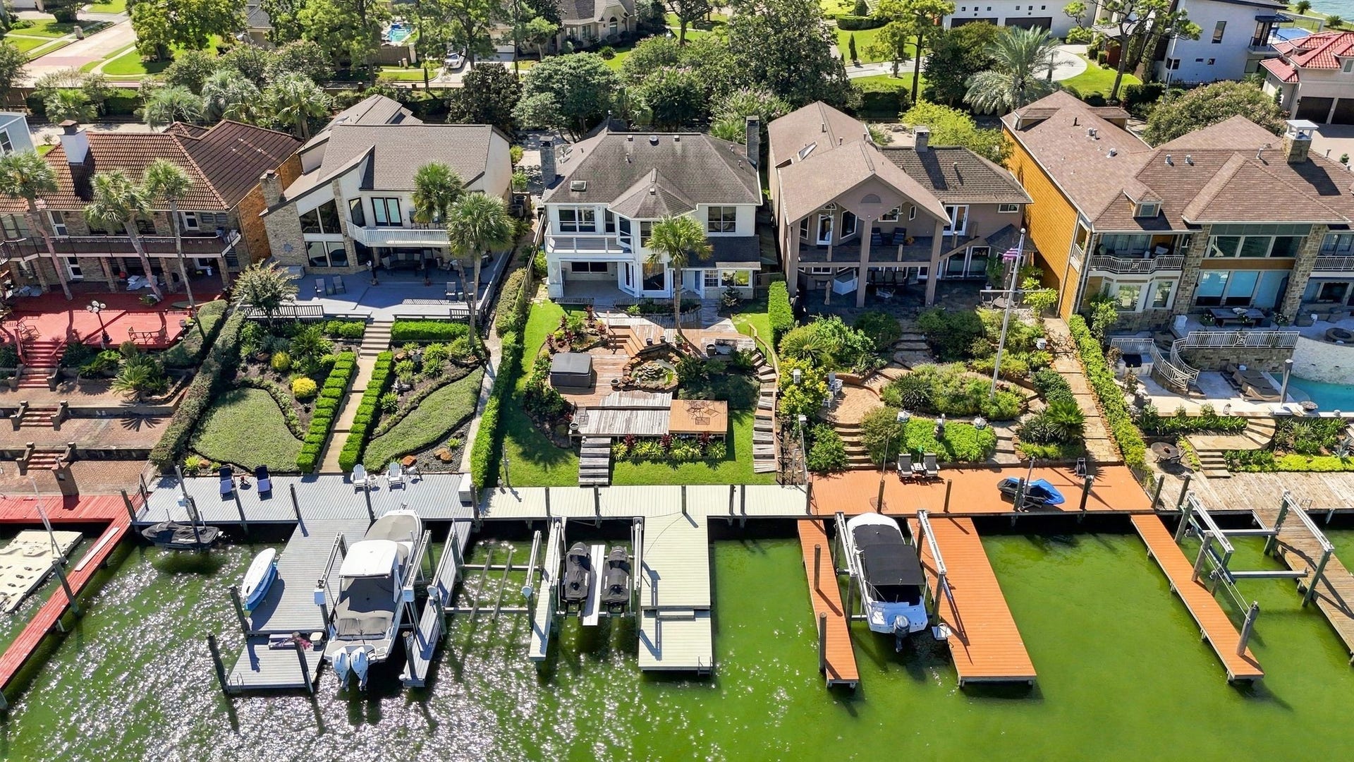 932 Plantation Street, League City, TX 77573 An overhead view shows the private boat dock and waterfront decking.