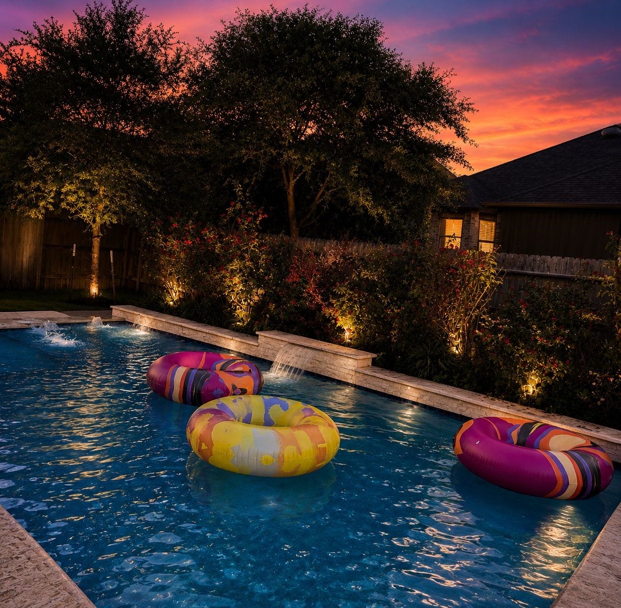 30706 Hawthorn Glen Court, Fulshear, TX 77441 Experience serene evenings by the poolside, illuminated by soft landscape lighting and surrounded by lush greenery, perfect for relaxation and entertainment.