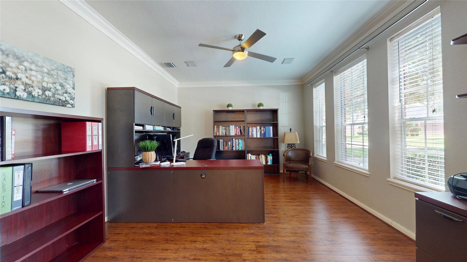 3615 Garrettsville Drive, Pearland, TX 77584 Spacious home office with large windows.