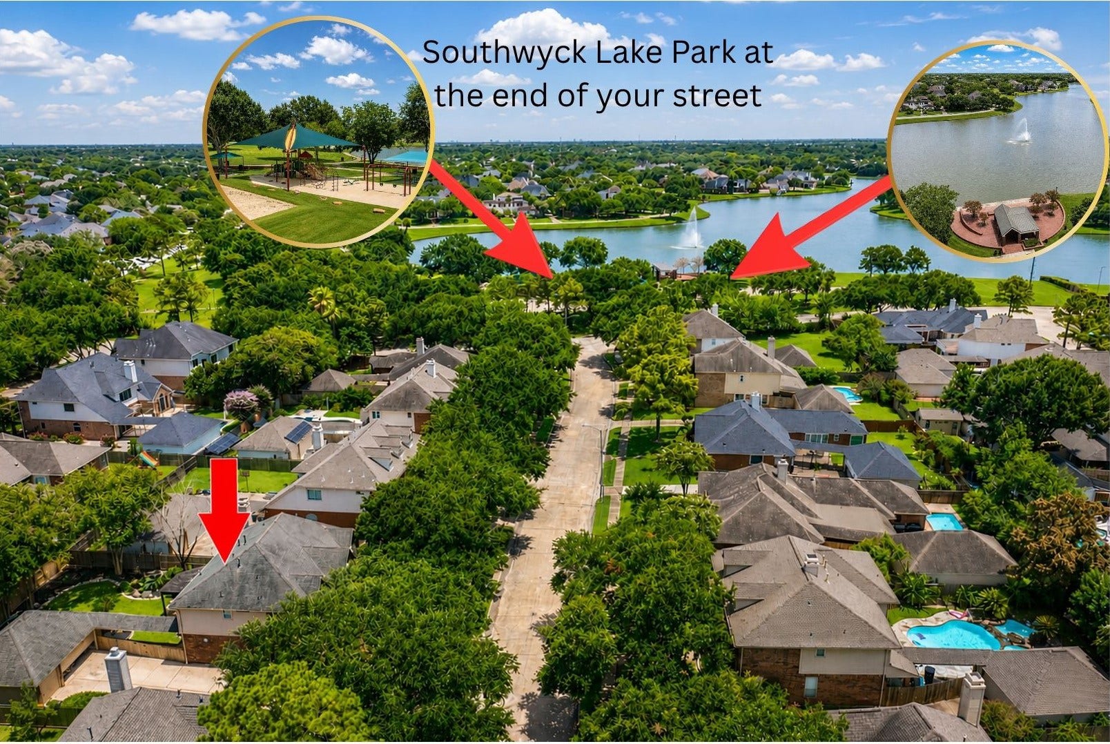 3615 Garrettsville Drive, Pearland, TX 77584 Highly sought-after neighborhood with tree-lined streets, located just steps away from Southwyck Lake Park with its beautiful water views and a playground.