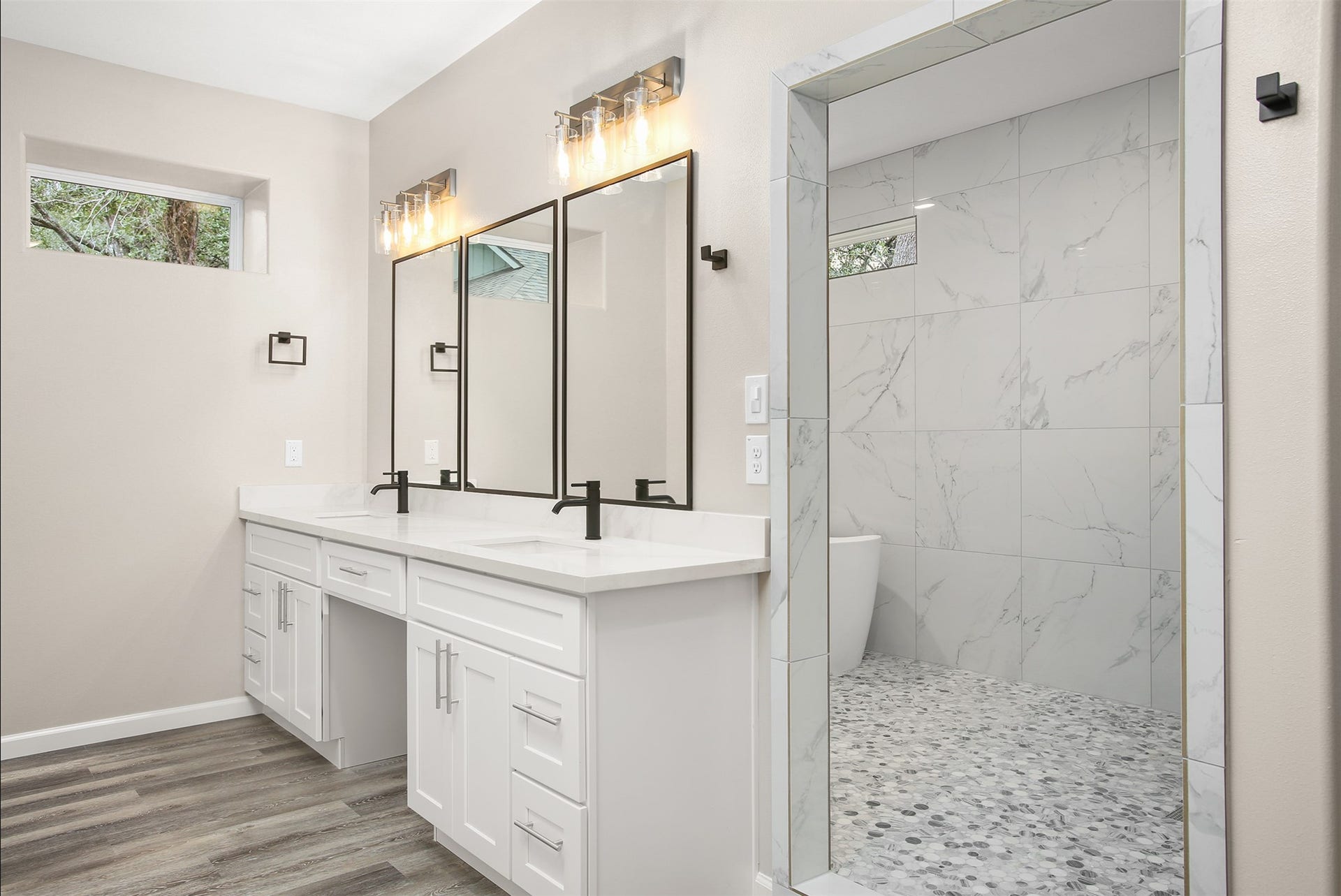 3617 Pecan Drive, Bacliff, TX 77518 Primary bedroom with double vanity and oversized shower room