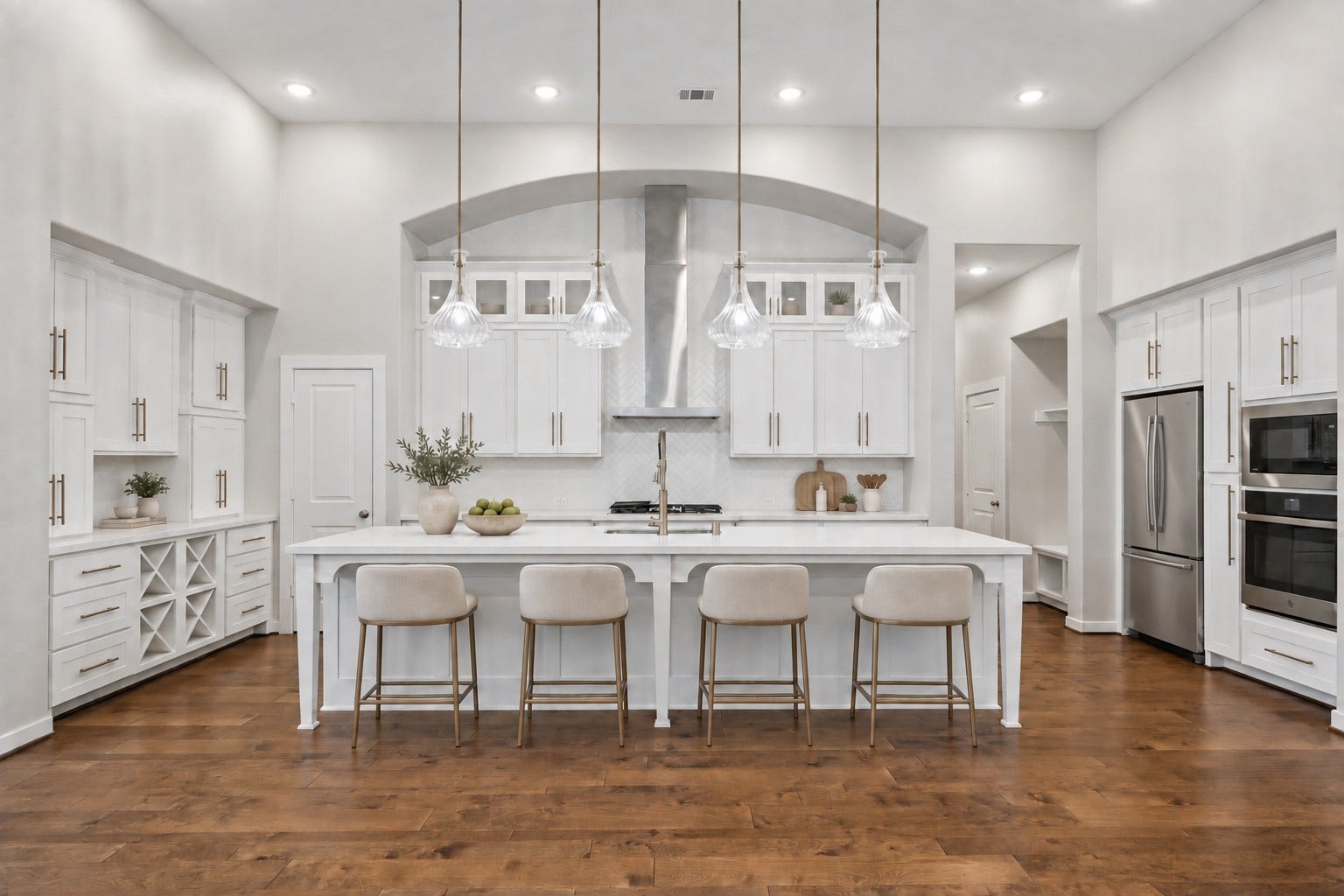 30410 Myrtle Oak Drive, Fulshear, TX 77423 VIRTUALLY STAGED - Stunning gourmet kitchen featuring an open-concept design that flows seamlessly into the spacious family room. This chef's dream kitchen offers an abundance of custom cabinetry and countertop space for maximum storage and organization.
