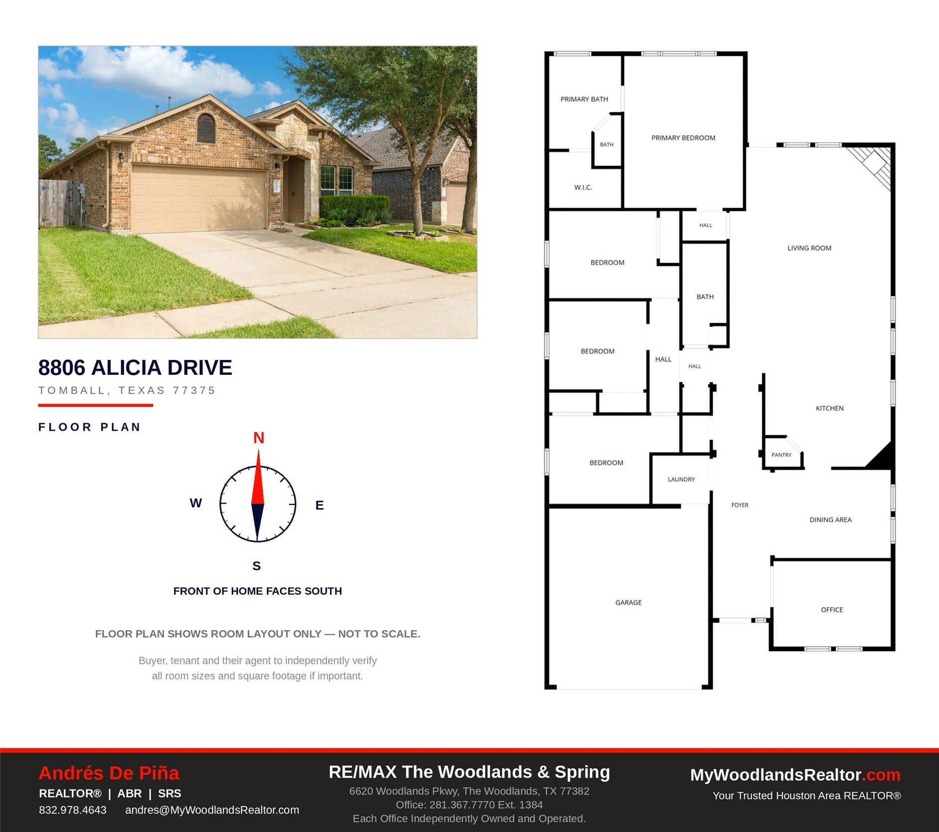 8806 Alicia Drive, Tomball, TX 77375 Floor plan: single-story layout with 4 bedrooms, 2 baths, office, dining area, and two-car garage.