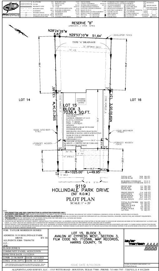 9119 Hollindale Park Drive, Cypress, TX 77433 9119 Hollindale Park Drive Preliminary Plot Plan