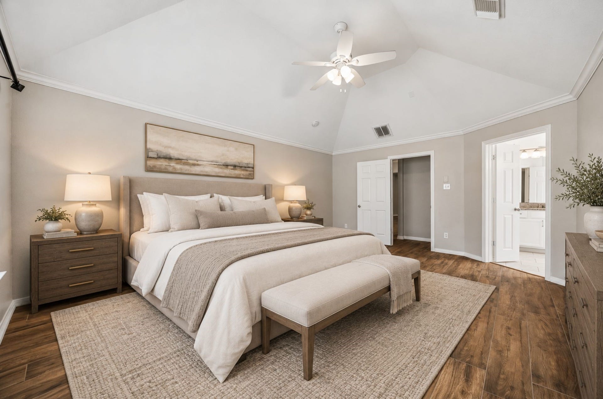 7715 BAYOU GREEN LANE, Sugar Land, TX 77479 OVERSIZED PRIMARY SUITE WITH A VAULTED CEILING, PLENTY OF ROOM FOR A SITTING AREA, AND EASY ACCESS TO THE EN SUITE BATH AND WALK-IN CLOSET.
*Virtually Staged