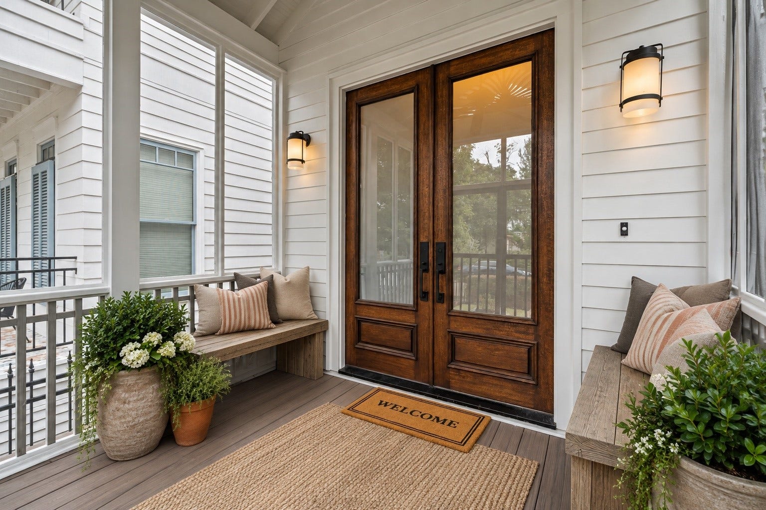 Covered front porch with handsome wood double doors and traditional architectural detailing.