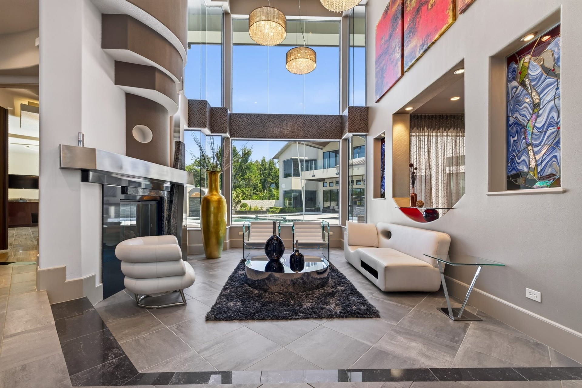 Light-filled living room designed on a grand scale for both sophisticated entertaining and everyday living.