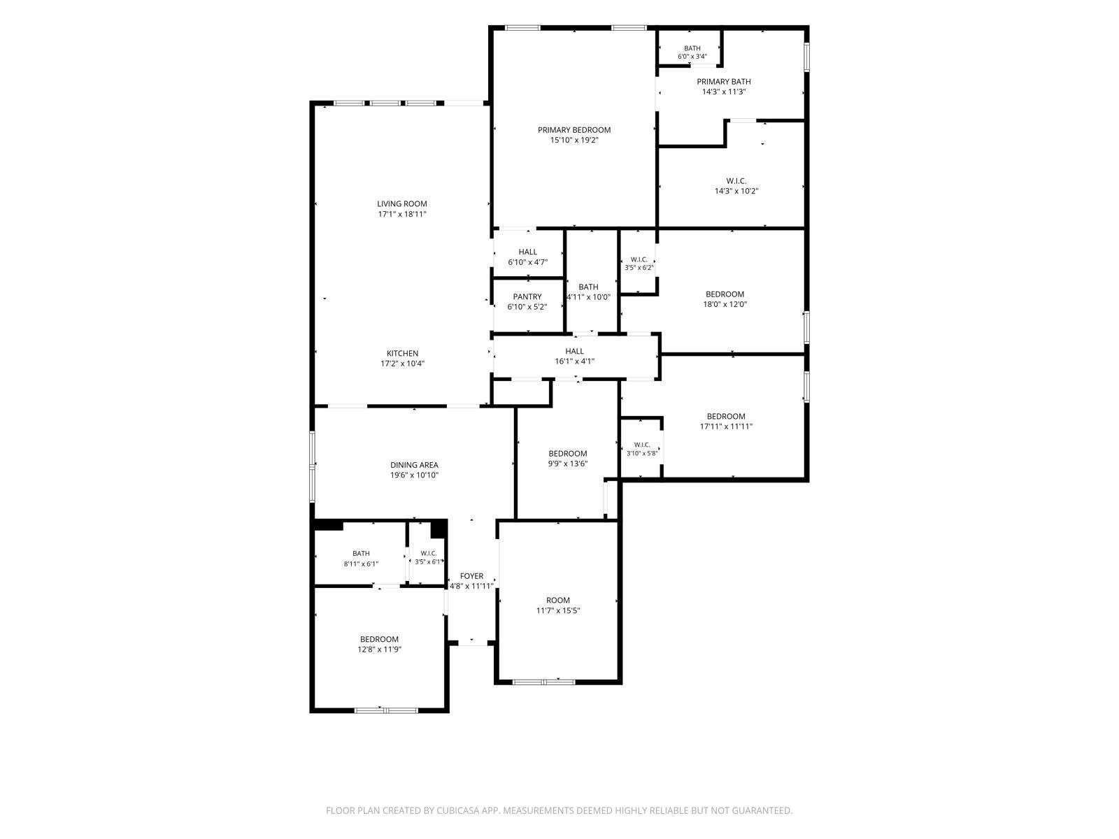 Spacious floor plan featuring a large living room, well-appointed kitchen, and a dining area. The layout includes a primary bedroom with en-suite bath, three additional bedrooms, and ample storage with multiple walk-in closets.