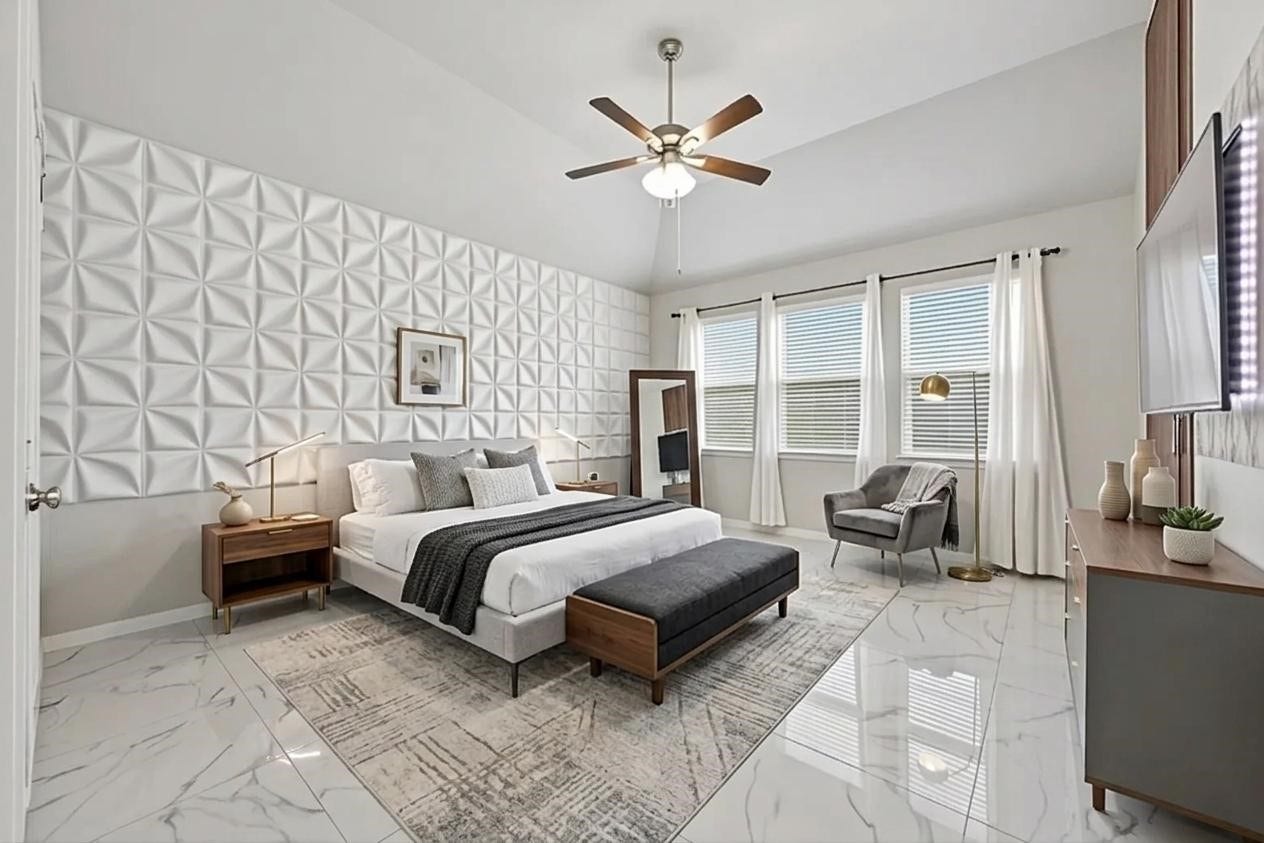 22409 Kinley Street, New Caney, TX 77357 This digitally staged primary bedroom exudes modern elegance, abundant natural light through expansive windows, creating a serene and stylish retreat.