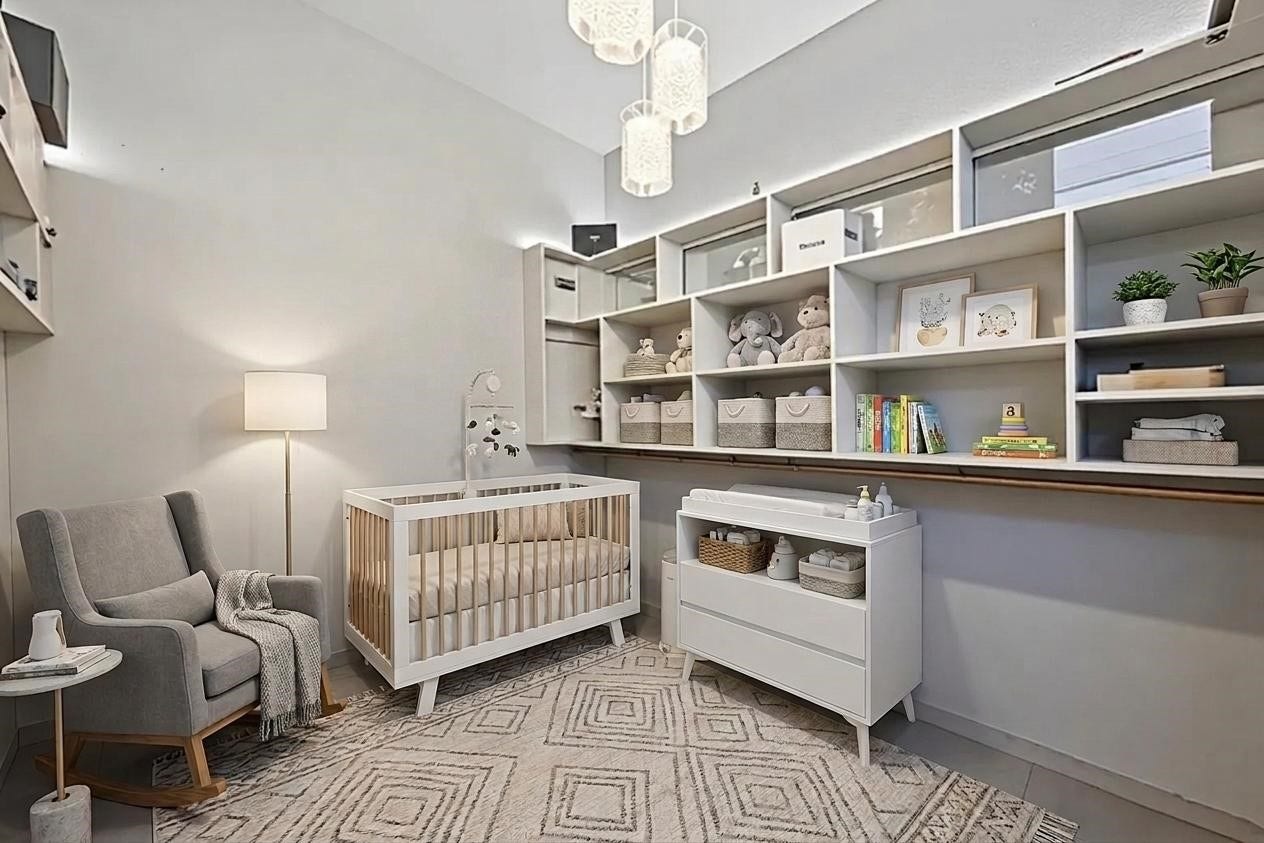 22409 Kinley Street, New Caney, TX 77357 This digitally staged photo showcases a serene nursery, beautifully arranged with cozy furnishings, soft lighting, and ample storage, creating a welcoming and stylish space for your new arrival.