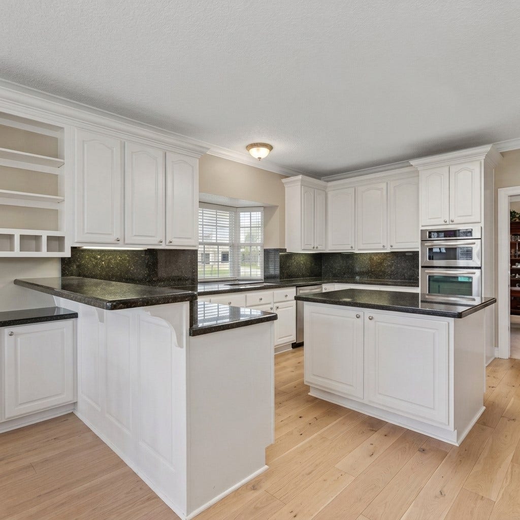 Kitchen. Virtual rendition with light colored hard wood floors and no light fixture.