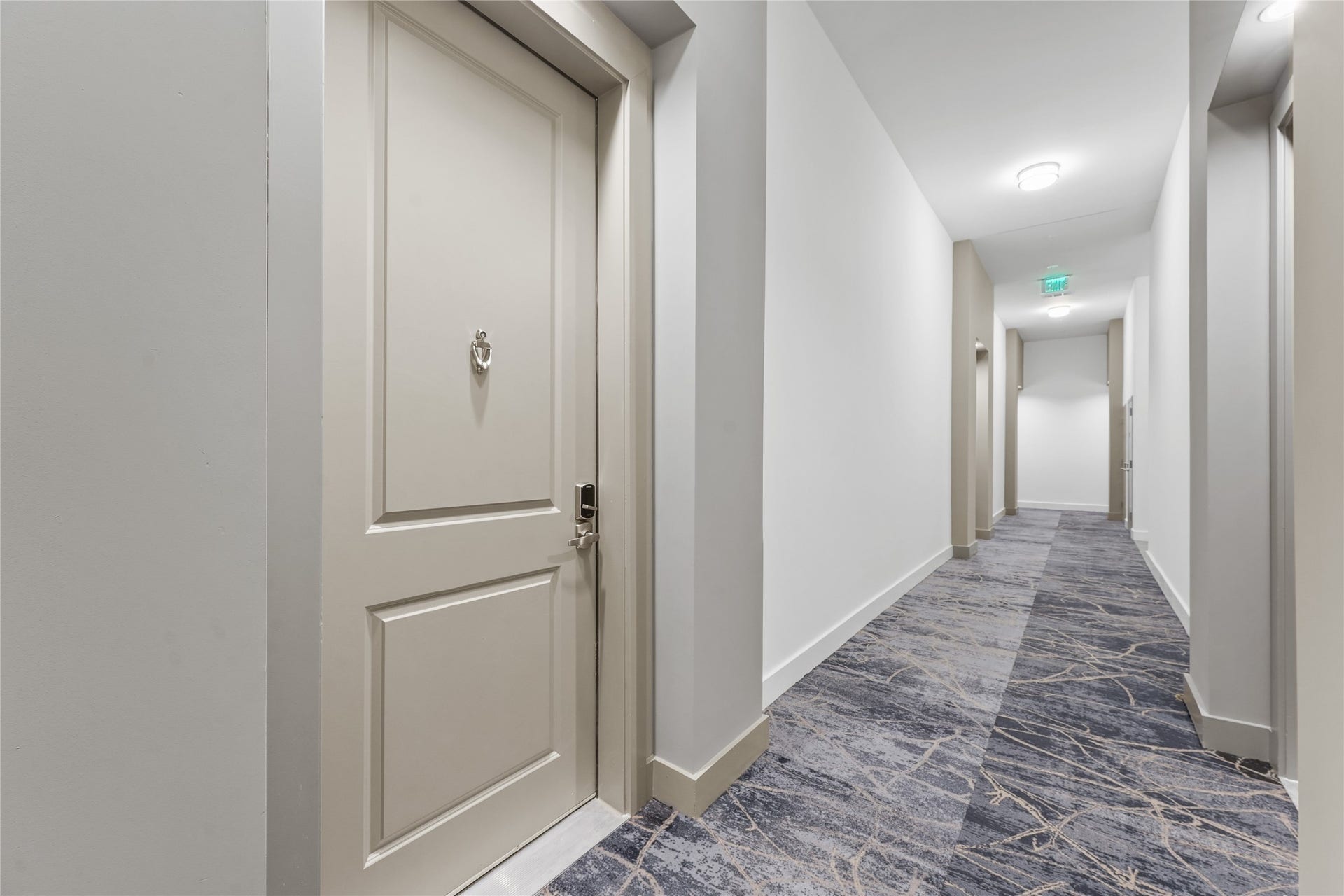 170 Malone Street, #3402, Houston, TX 77007 This photo shows a modern, well-lit apartment hallway with neutral-toned walls and stylish carpeting. It features multiple doors, each with distinctive hardware, and ceiling lights that enhance the clean, contemporary atmosphere.