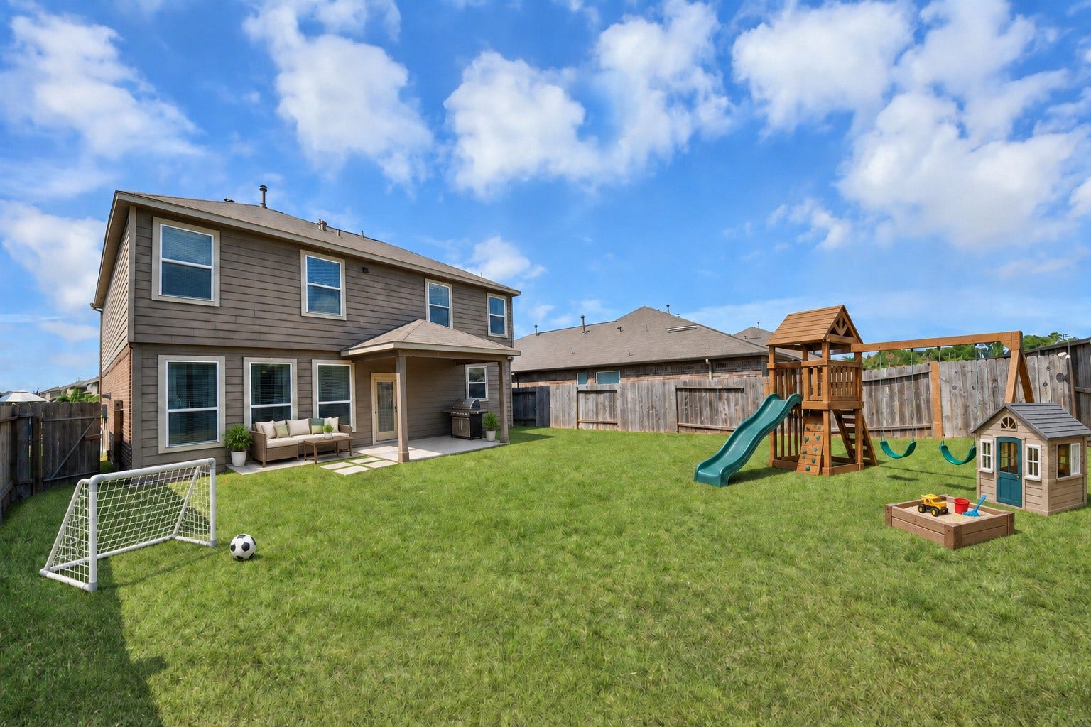 *VIRTUALLY STAGED TO SHOW THE OPTIONS OFFERED BY THIS HOME'S LARGE BACKYARD*