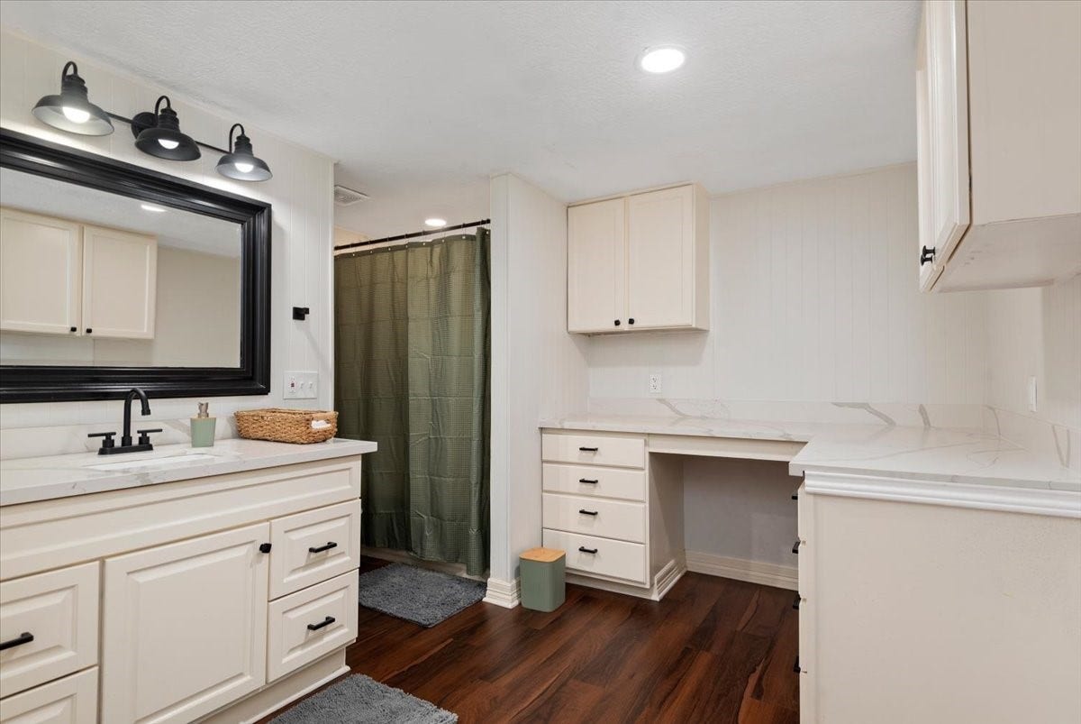 215 Caplin Street, Houston, TX 77022 Built-in cabinetry provides additional storage in the restroom.