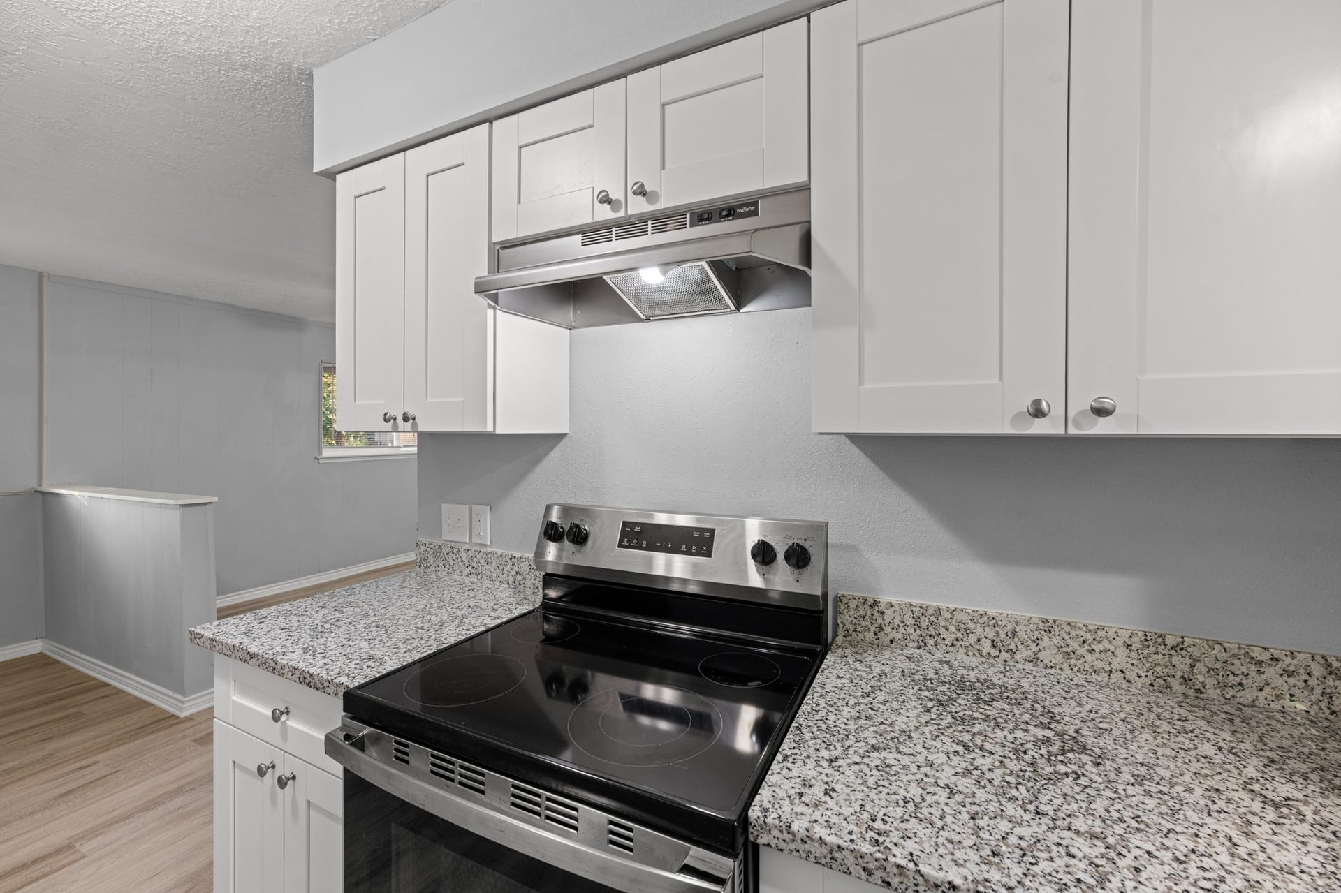 4802 Hannas Reef Drive, Bacliff, TX 77518 A closer look at the sleek electric range, stainless steel vent hood, granite countertops, and crisp white cabinetry that give this kitchen its fresh, modern appeal.
