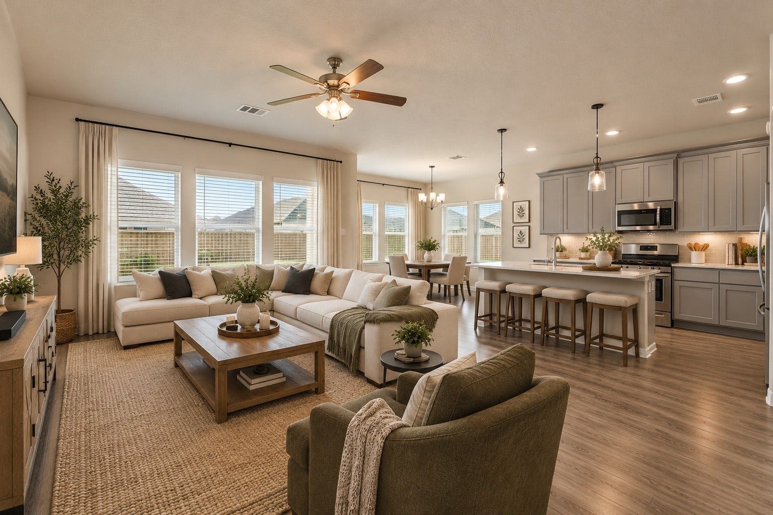 This image has been virtually staged to inspire you to envision the possibilities of relaxing, entertaining, and making memories in your future living room!