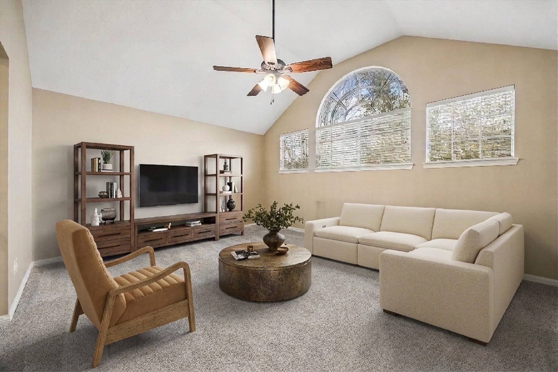 5310 Summerland Ridge Court, Houston, TX 77041 This spacious room has large vaulted ceilings, large windows with plenty of natural light and can be used as a flex space, media room or additional play room.
This is a digitally staged image.
