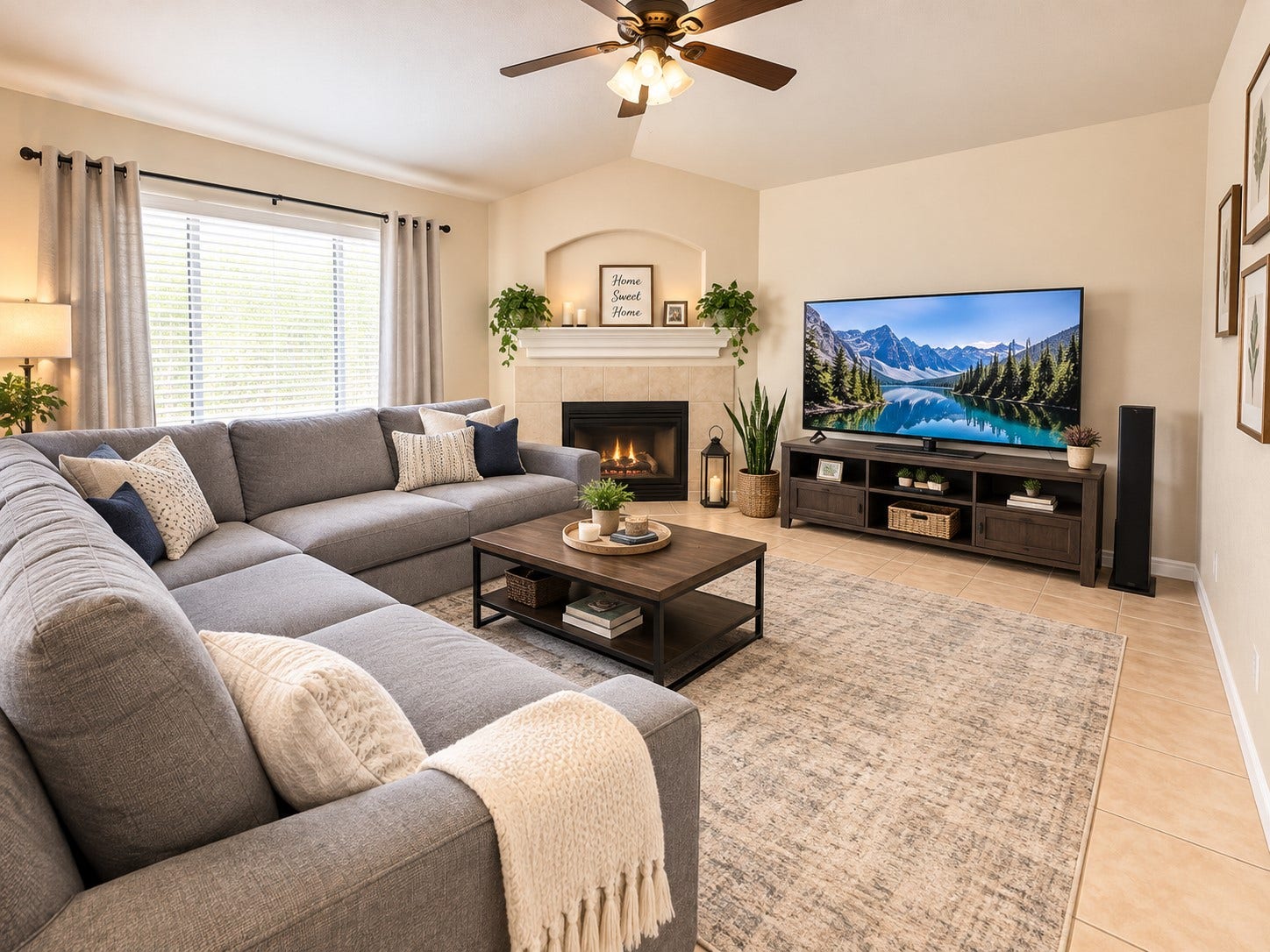 18234 Eton Ridge Court, Richmond, TX 77407 Spacious living room with a cozy sectional sofa, large flat-screen TV, and a warm fireplace, perfect for relaxation and entertainment.