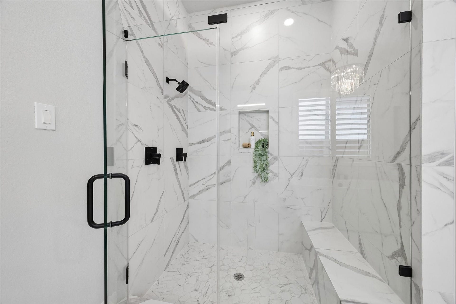 27720 Hazelbrook Lane, Spring, TX 77386 Your Modern Glass Shower has floor to ceiling upgraded tile, seating bench & an additional Rain Shower Head (not pictured)