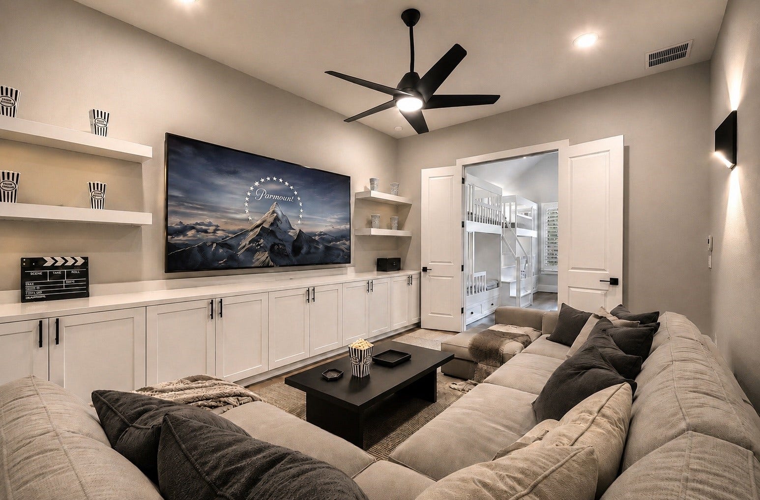 27720 Hazelbrook Lane, Spring, TX 77386 ***VIRTUAL STAGING*** To give you ideas of your Movie Theater. All of the built-ins, TV Mount, Sconces and Fan are already set up for you