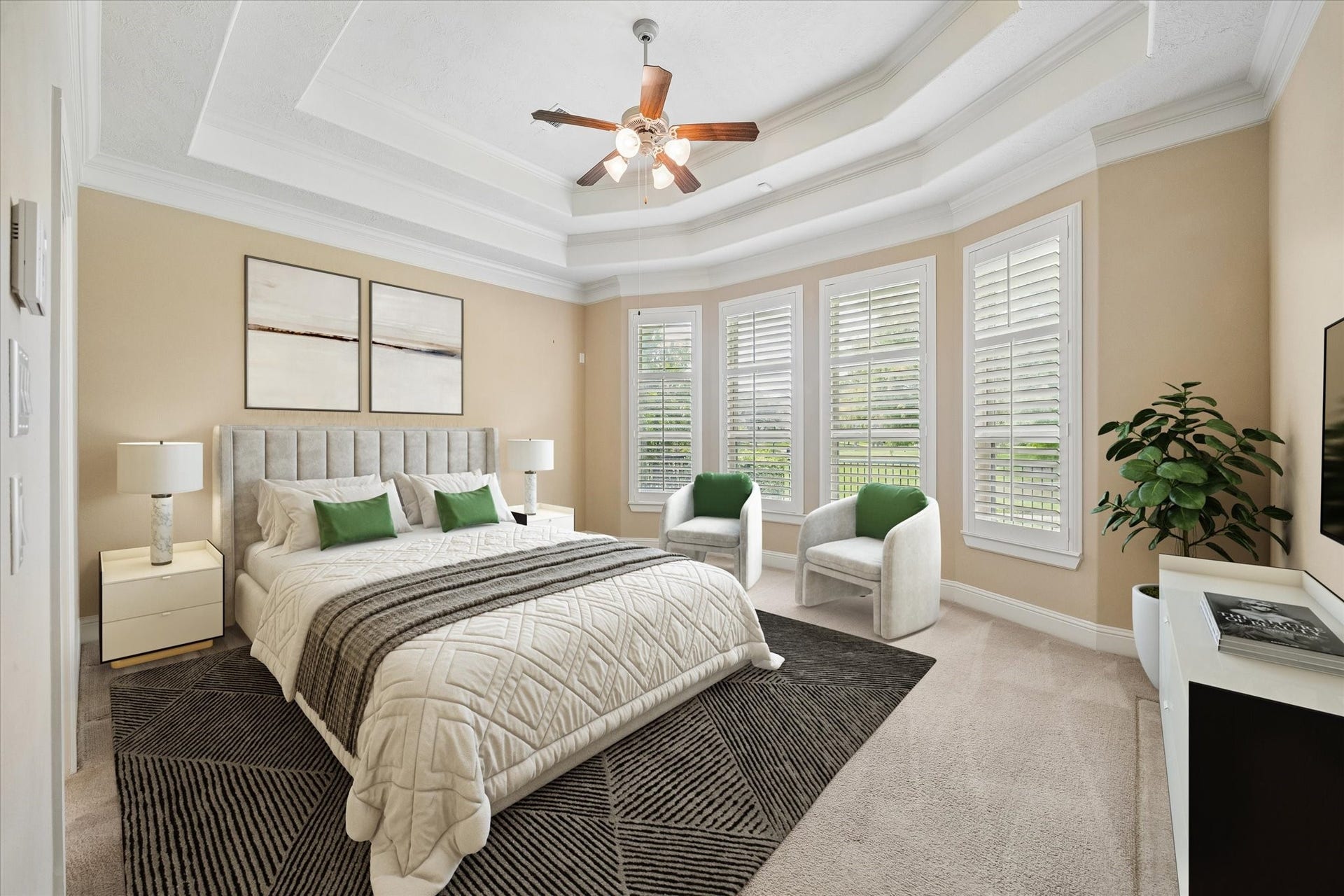14407 Tivoli Drive, Houston, TX 77077 the virtually staged primary bedroom with its dramatic ceiling and lovely waterfront views