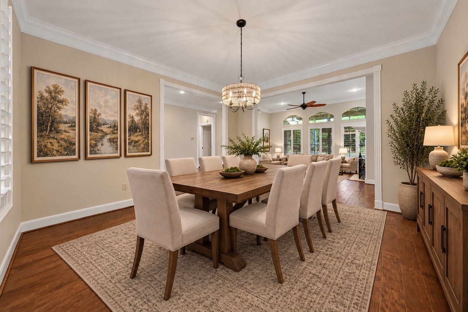 5814 Woodland Creek Drive, Kingwood, TX 77345 The dining room is its own separate space but still feels open and flows through to the living room, perfect for entertaining guests or hosting large gatherings! Photo has been digitally altered using generative ai for virtual staging. Buyer to verify all.