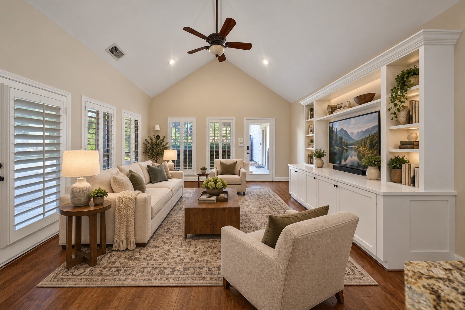 5814 Woodland Creek Drive, Kingwood, TX 77345 The den is located off the kitchen and has a large built-in for your entertaining needs. bright windows of the pool, patio and backyard surround this room. Vaulted ceiling adds to the spacious feel. Photo has been digitally altered using generative ai for virtual staging. Buyer to verify all.