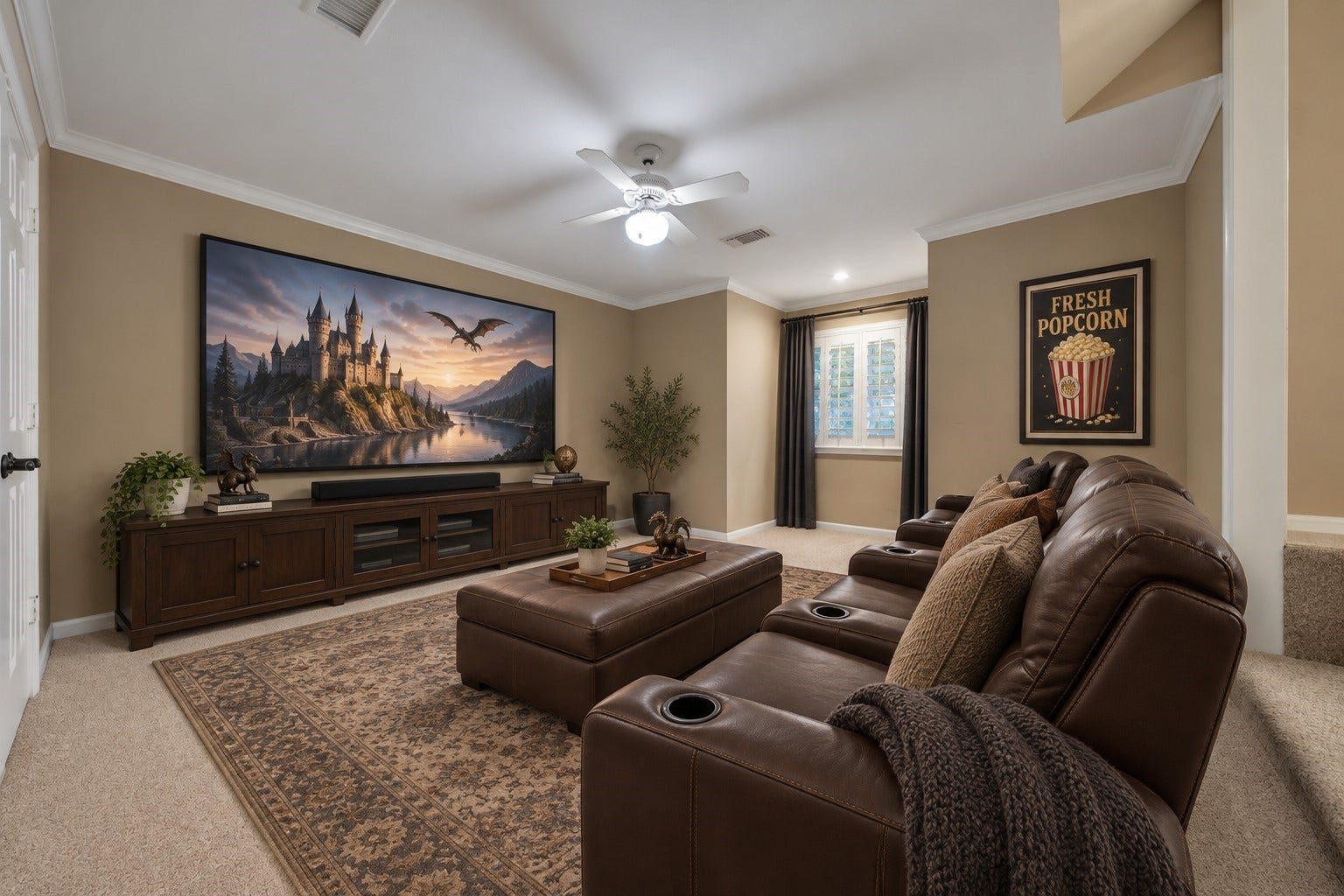 5814 Woodland Creek Drive, Kingwood, TX 77345 This is the 5th bedroom / Flex space - this could also be a gameroom or media room - you decide! Photo has been digitally altered using generative ai for virtual staging. Buyer to verify all.