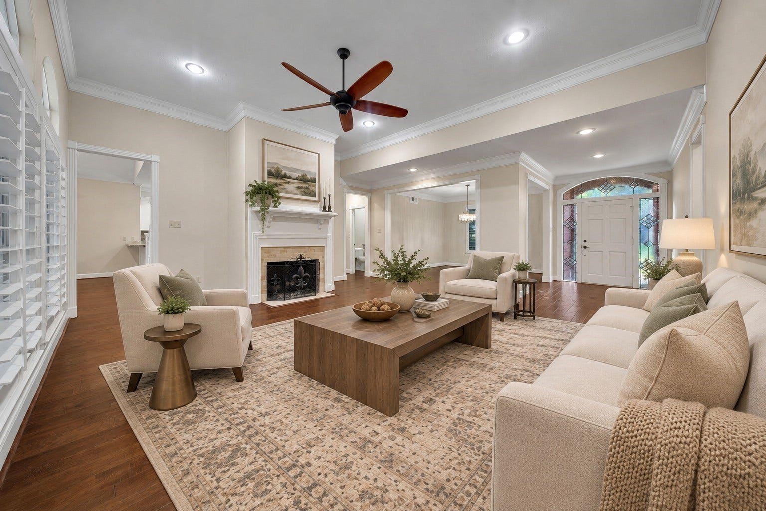 5814 Woodland Creek Drive, Kingwood, TX 77345 This spacious living room is approx 20x19 and has tall ceilings, gaslog fireplace and views of the covered patio and pool. Photo has been digitally altered using generative ai for virtual staging. Buyer to verify all.