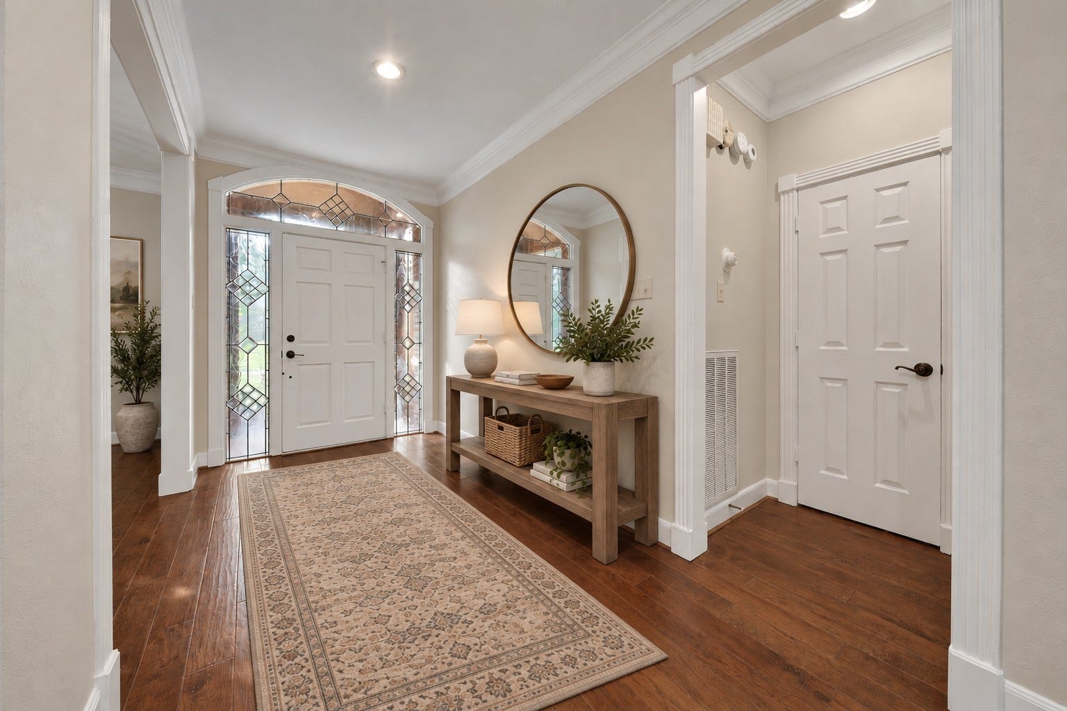 5814 Woodland Creek Drive, Kingwood, TX 77345 Elegant foyer with continuous hardwood floors throughout the main living area. Photo has been digitally altered using generative ai for virtual staging. Buyer to verify all.