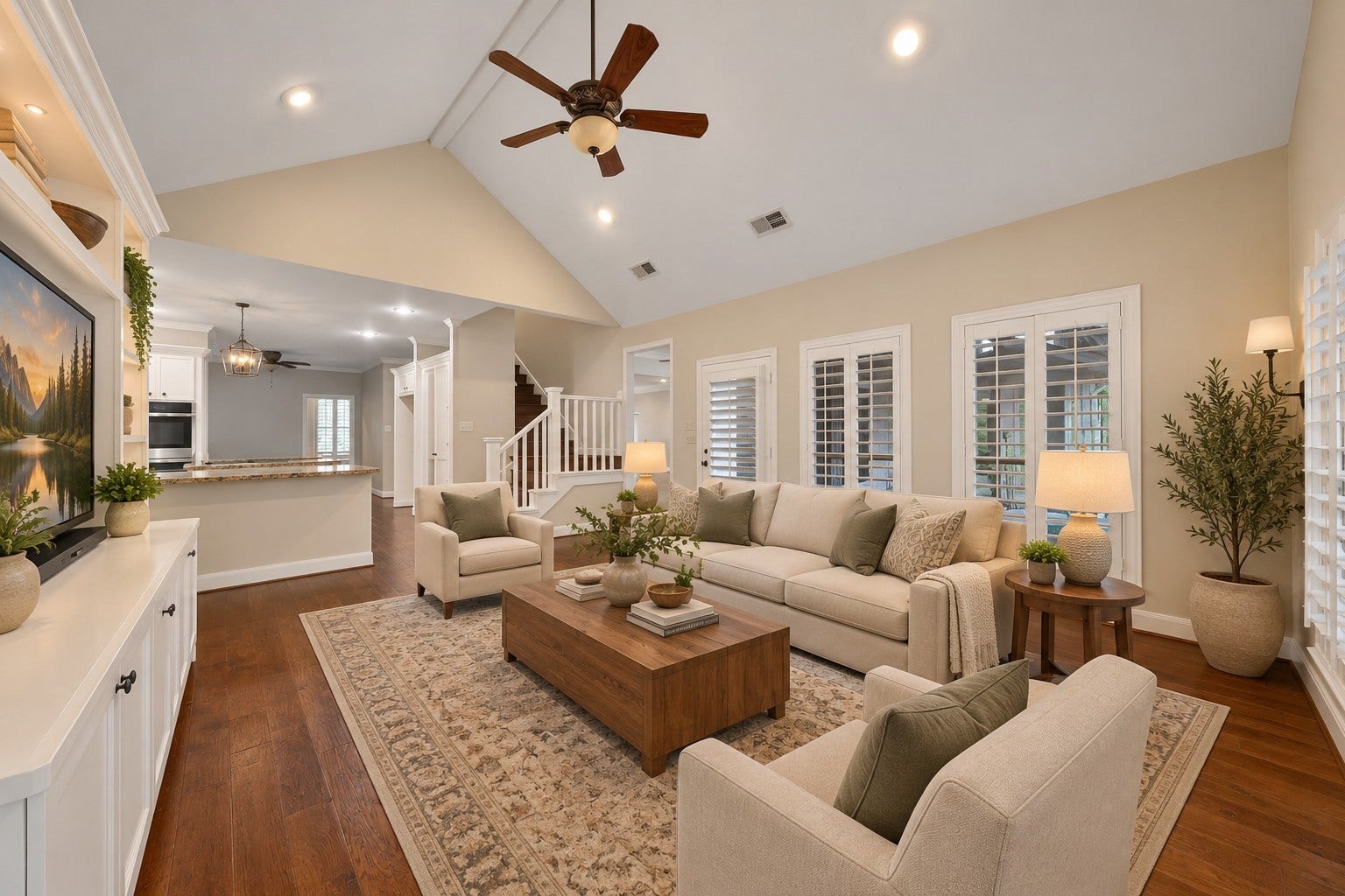 5814 Woodland Creek Drive, Kingwood, TX 77345 The Den offers a 2nd living area downstairs and is a flexible space that could be a media room, play space or second large living room. Two separate French doors leads that out to the patio and breezeway areas. Photo has been digitally altered using generative ai for virtual staging. Buyer to verify all.