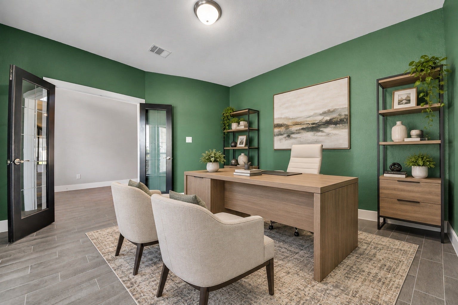 23619 Iris Field Court, Katy, TX 77493 Virtually Staged. Private home office positioned at the front of the home, featuring abundant natural light, double French doors, and a bold accent color.