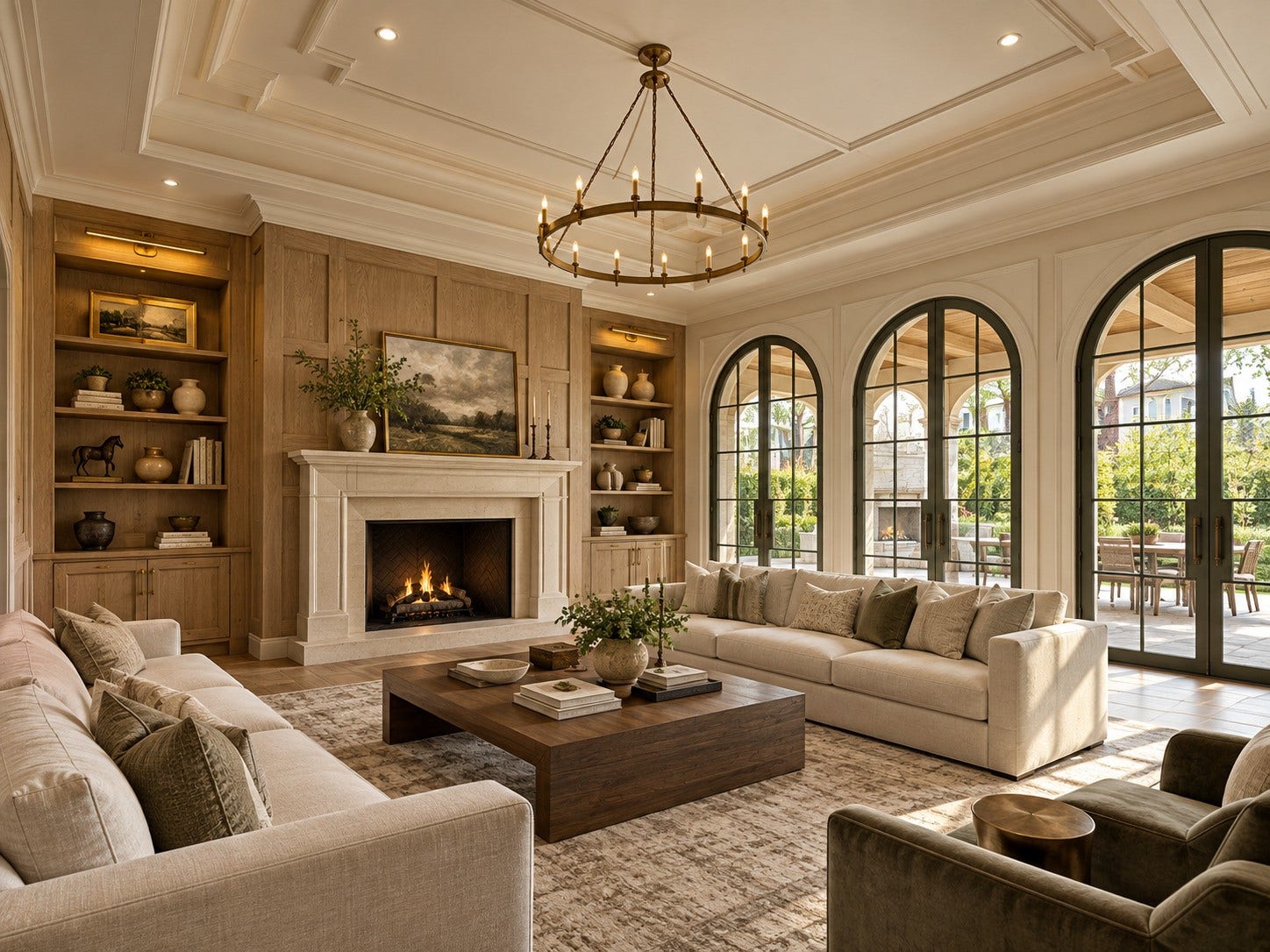 1519 Candlelight Lane, Houston, TX 77018 Living room features custom fireplace with built-ins, massive glass doors overlooking the large covered patio *this photo has been virtually rendered based on the plans for this home. 1519 Candlelight may have different selections at builders sole discretion. These photos are not meant to be an exact representation of 1519 Candlelight.