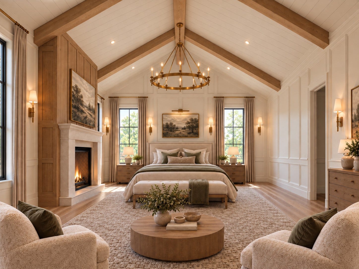 1519 Candlelight Lane, Houston, TX 77018 Primary bedroom features vaulted ceiling, fireplace, custom trim elements and large windows *this photo has been virtually rendered based on the plans for this home. 1519 Candlelight may have different selections at builders sole discretion. These photos are not meant to be an exact representation of 1519 Candlelight.