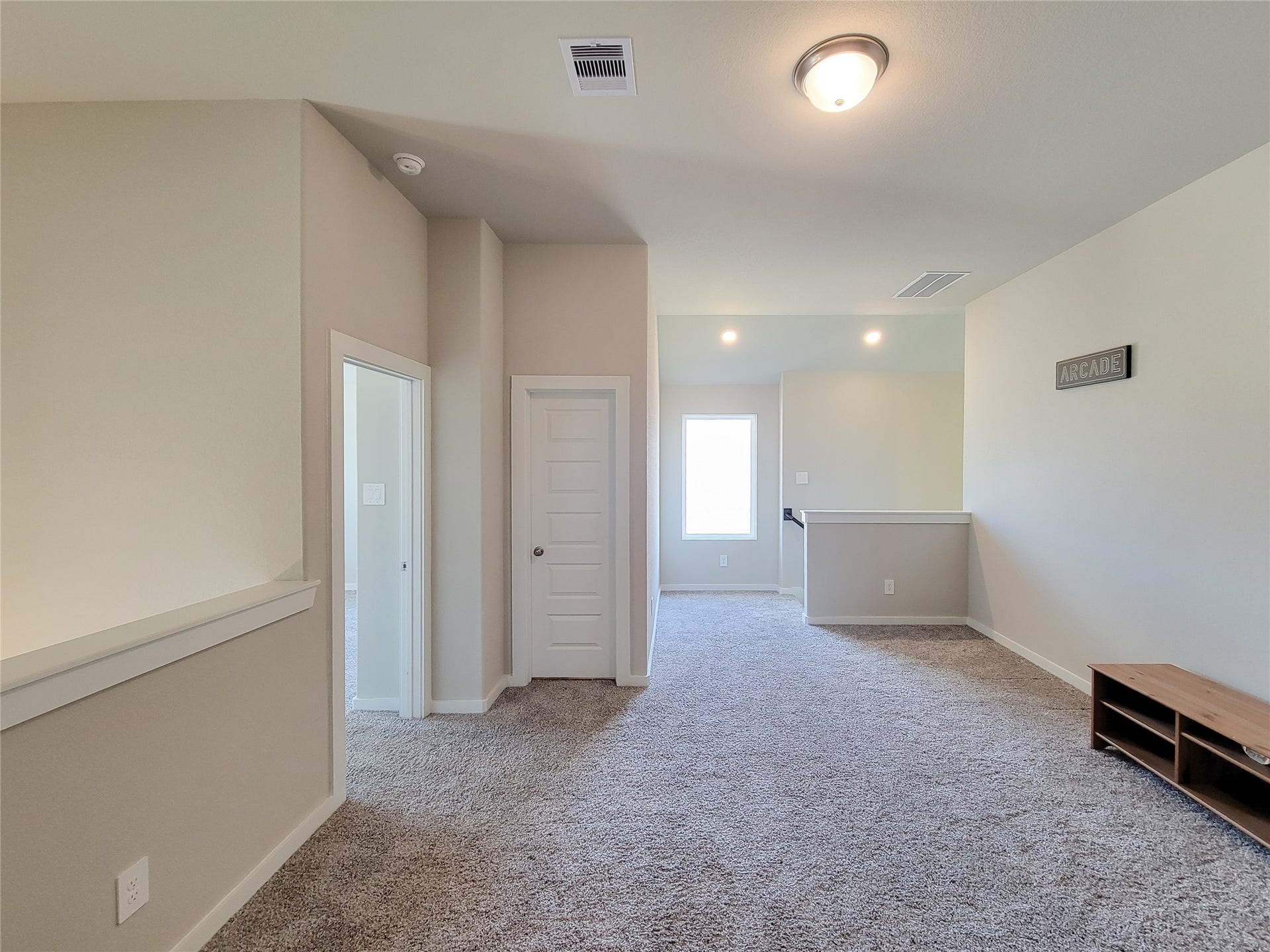 10843 Bodie Hills Drive, Rosharon, TX 77583 Spacious and well-lit carpeted area with neutral walls, ideal for a cozy family room or entertainment space.