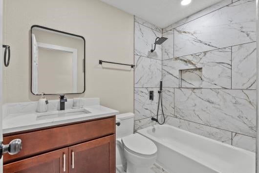 11007 Green Arbor Drive, Houston, TX 77089 Primary bath, features quartz counters, new cabinets, updated shower and soaking tub,.