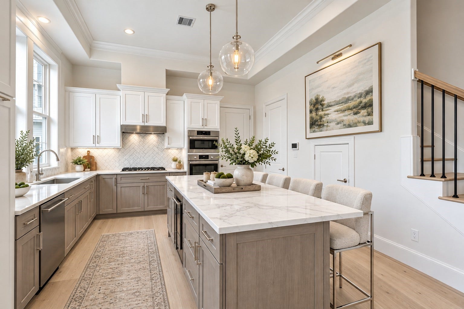 staineless steel bosch appliances in bright open ktichen with white marble backsplash and quartz countertops