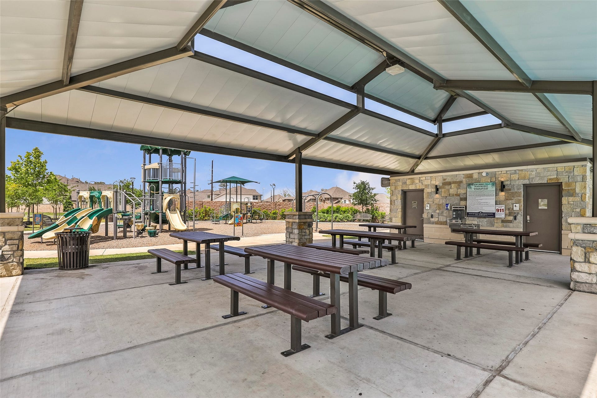Shaded pavilion provides the perfect gathering spot for relaxing, dining and enjoying Balmoral's outdoor amenities.