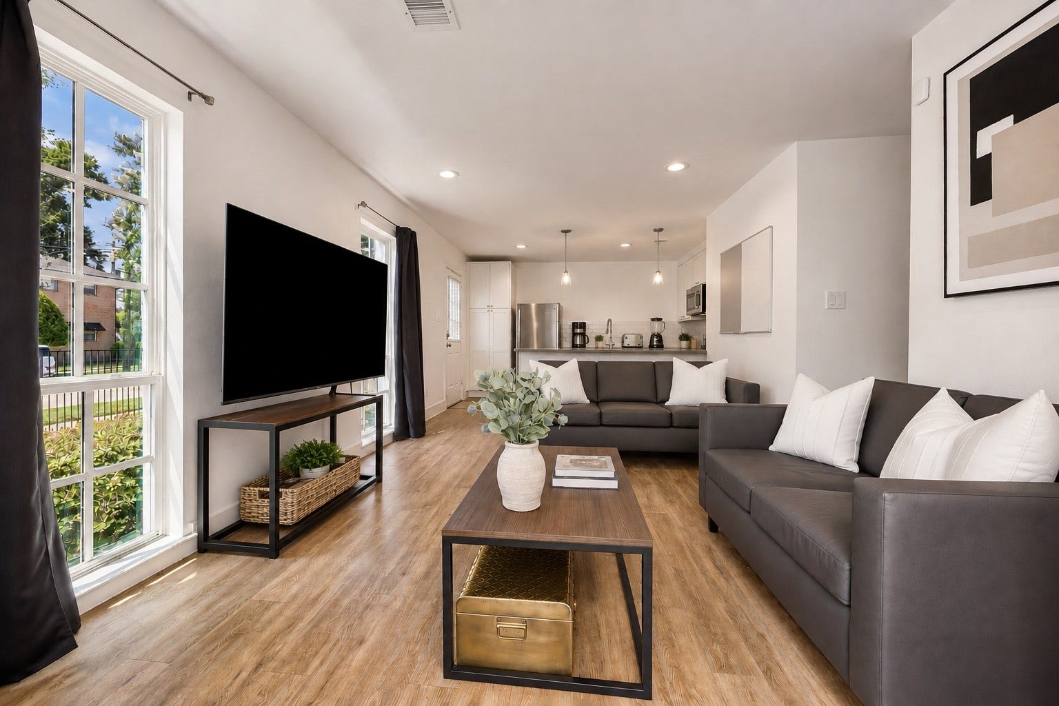 Alternate view of the First front unit living space highlighting the open layout