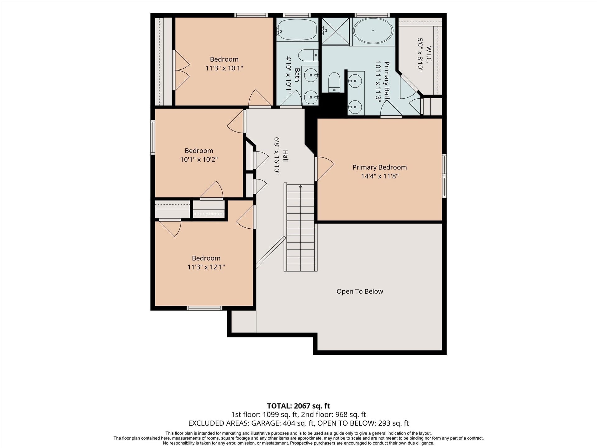 1043 Danforth Drive, Houston, TX 77062 This upper-level floor plan features a spacious primary bedroom with an en-suite bath and walk-in closet, two additional bedrooms, and a shared bathroom, all connected by a central hallway overlooking the main level.