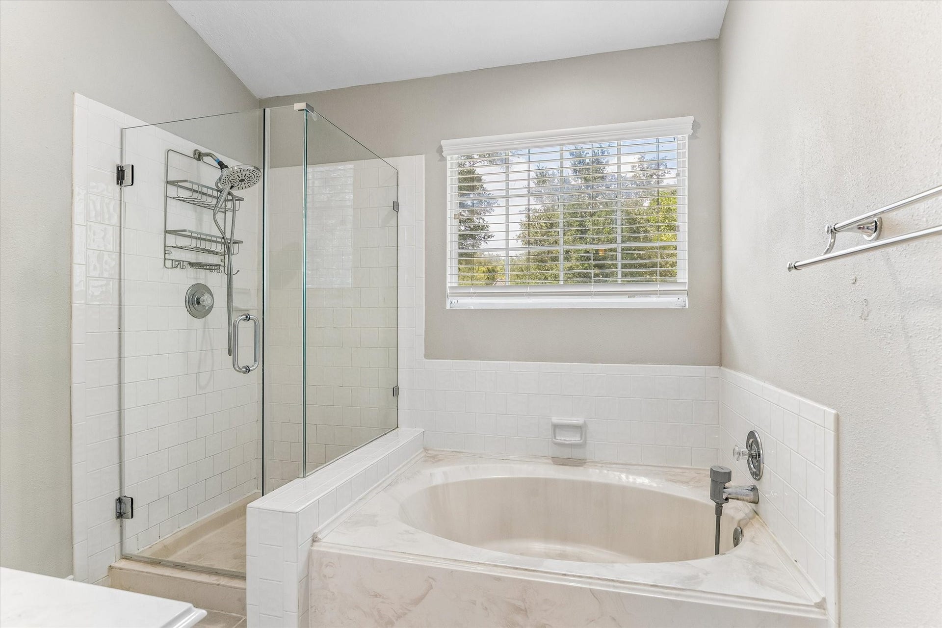 1043 Danforth Drive, Houston, TX 77062 Stylish 8x12 primary bathroom featuring a spacious glass-enclosed shower and a luxurious soaking tub, filled with natural light from a large window overlooking serene greenery.