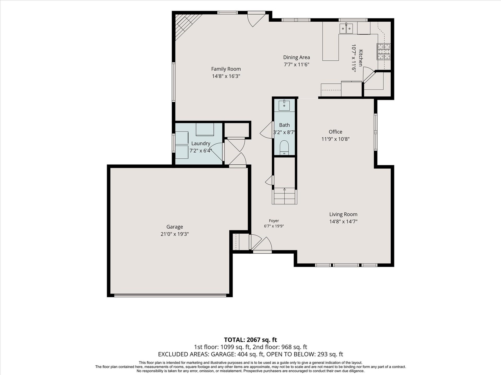 1043 Danforth Drive, Houston, TX 77062 Spacious floor plan featuring a large family room, modern kitchen with adjacent dining area, and a convenient office space. Includes a sizable garage and laundry room for added functionality.