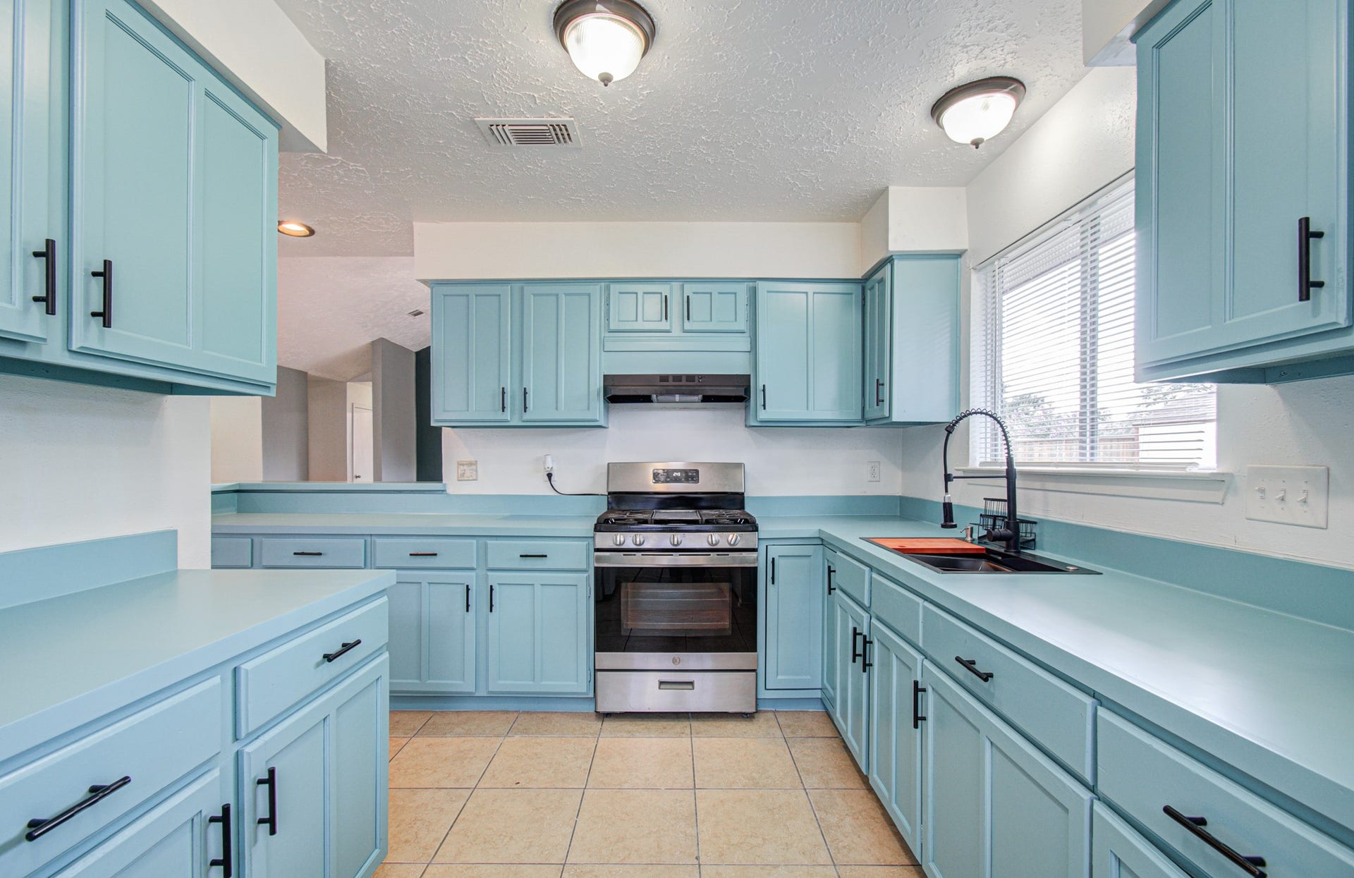 7319 Skybright Lane, Houston, TX 77095 Bright and airy kitchen featuring light blue cabinetry, modern stainless steel appliances, ample counter space, and abundant natural light.