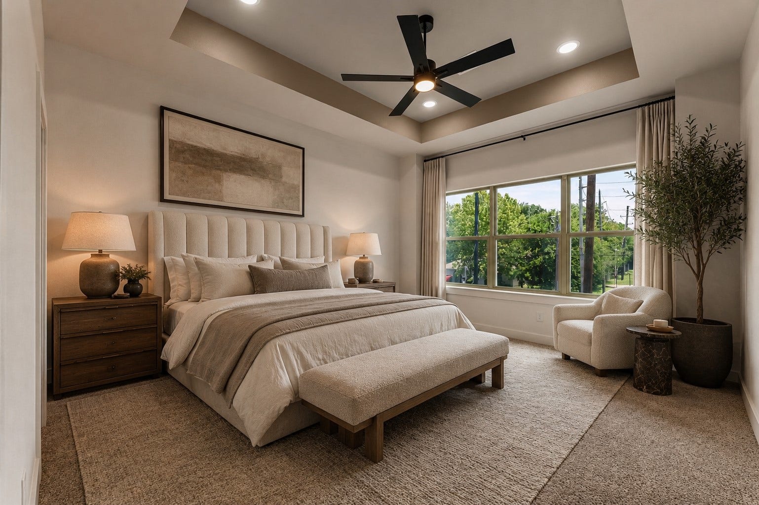 2816 Peacock Green Way, Houston, TX 77047 Private primary retreat featuring recessed ceiling detail, oversized windows, and a calm, airy atmosphere.