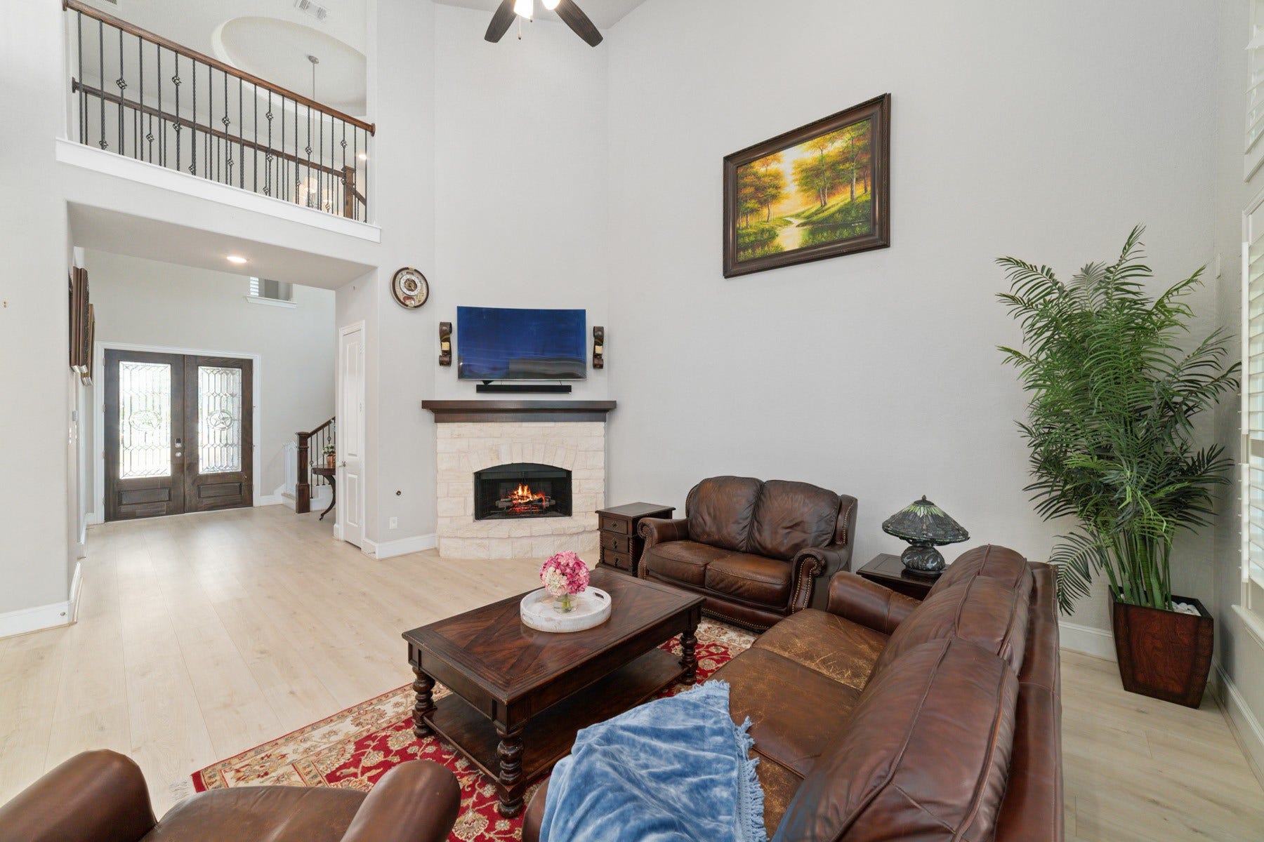 A cozy fireplace and plenty of space to entertain.