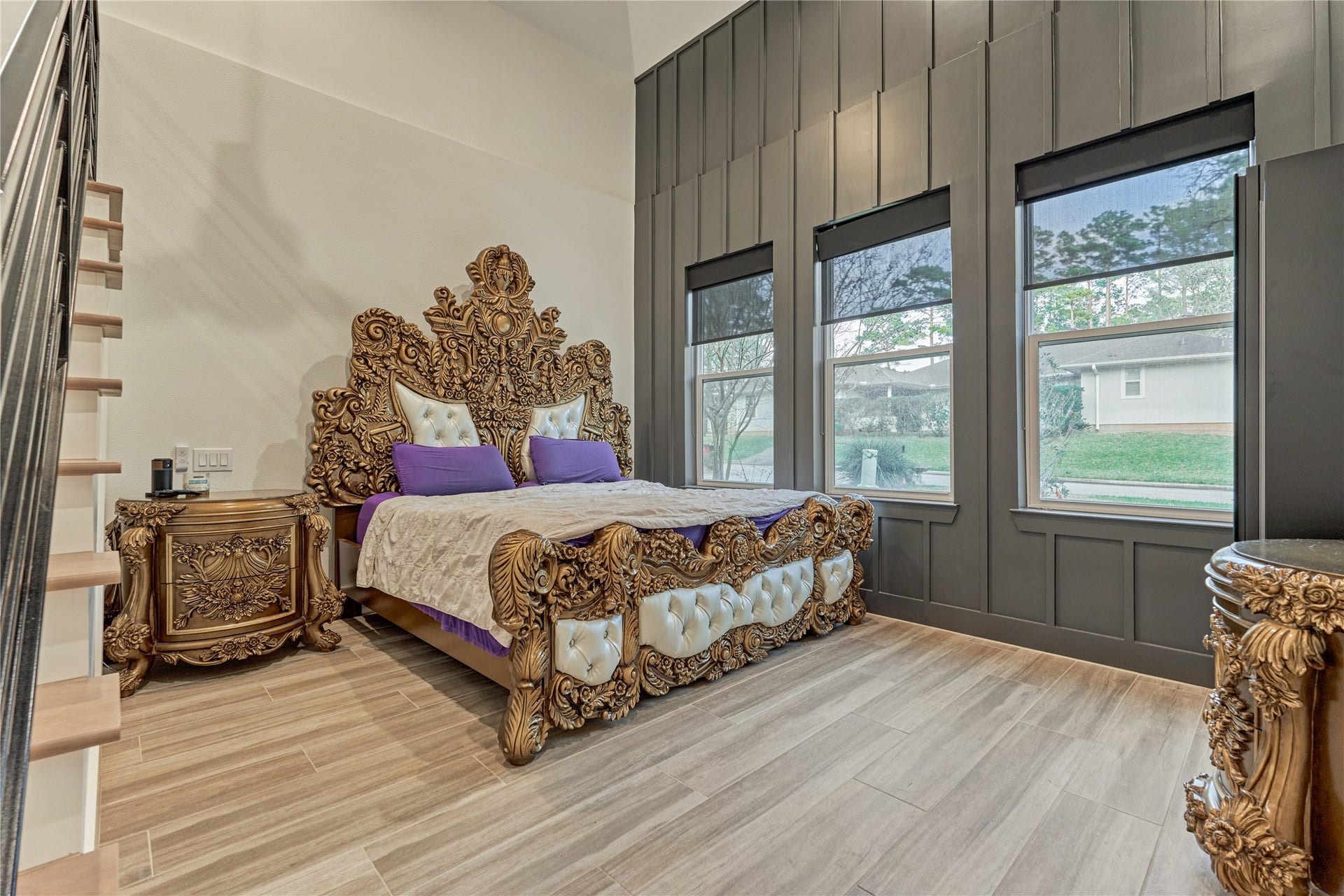 The owners retreat showcases a dramatic focal wall, creating a striking centerpiece.
