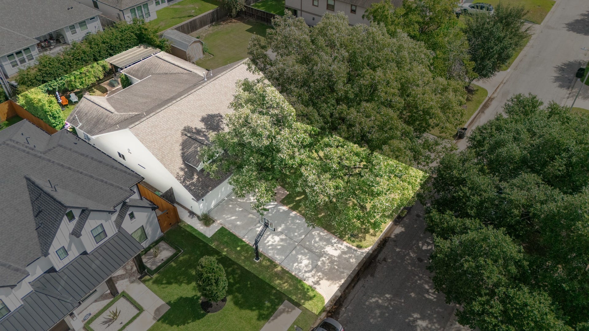 Charming home nestled in a lush, tree-lined neighborhood, offering privacy and ample shade.