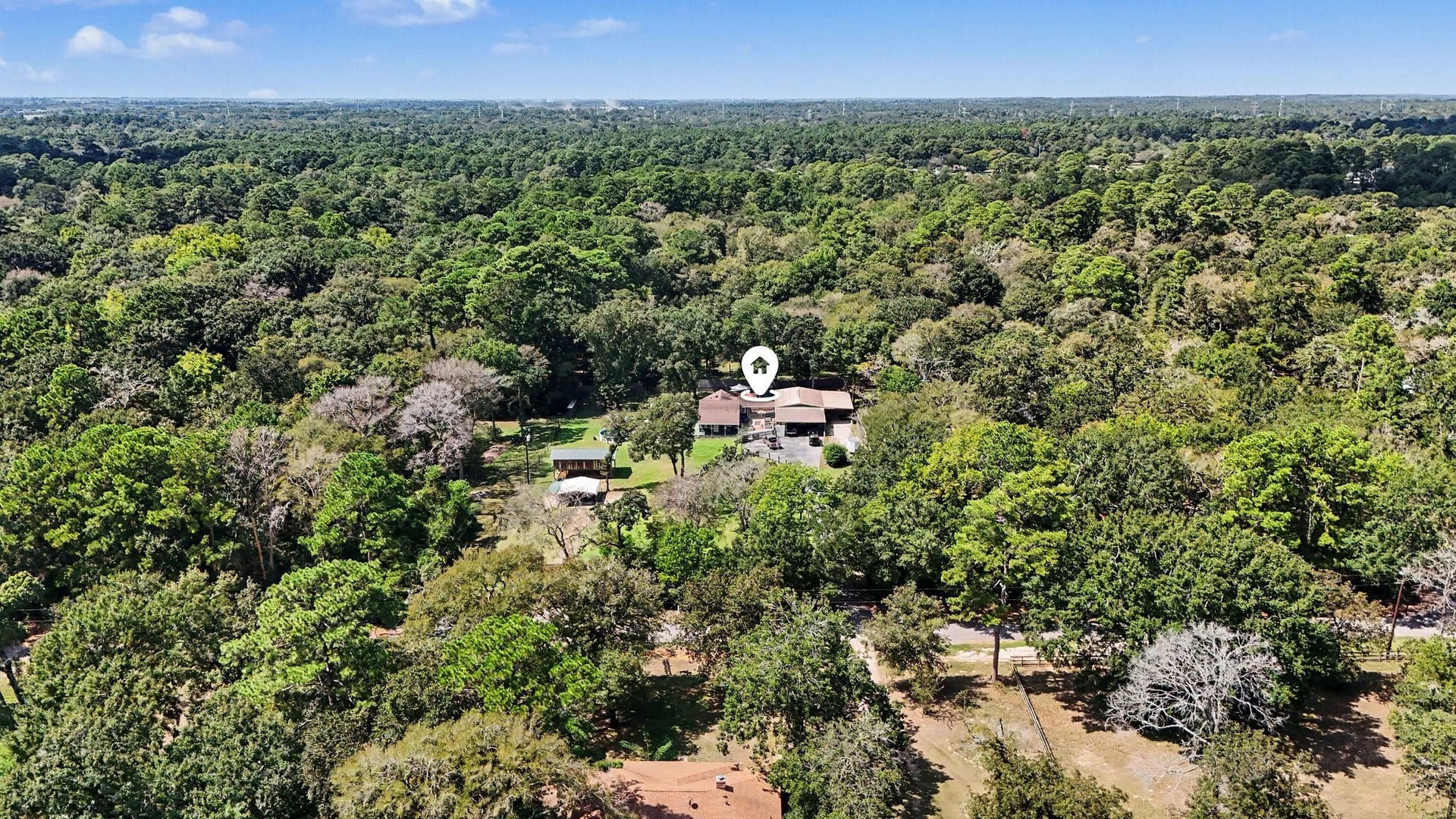 24609 Willow Lane, Hockley, TX 77447 Elevated view highlighting the homes location among mature trees and neighboring acreage.