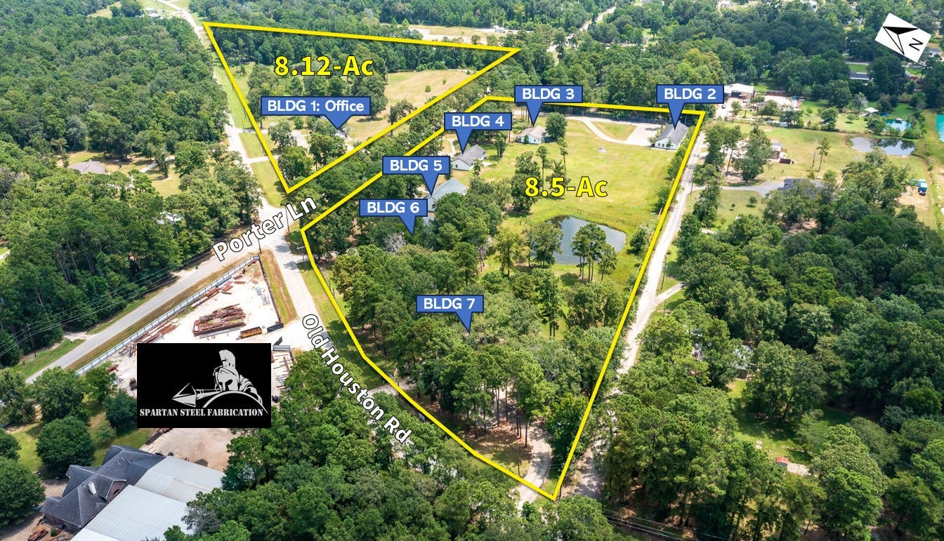 16111 Porter Lane, Porter, TX 77365 Aerial View of all buildings and pond.