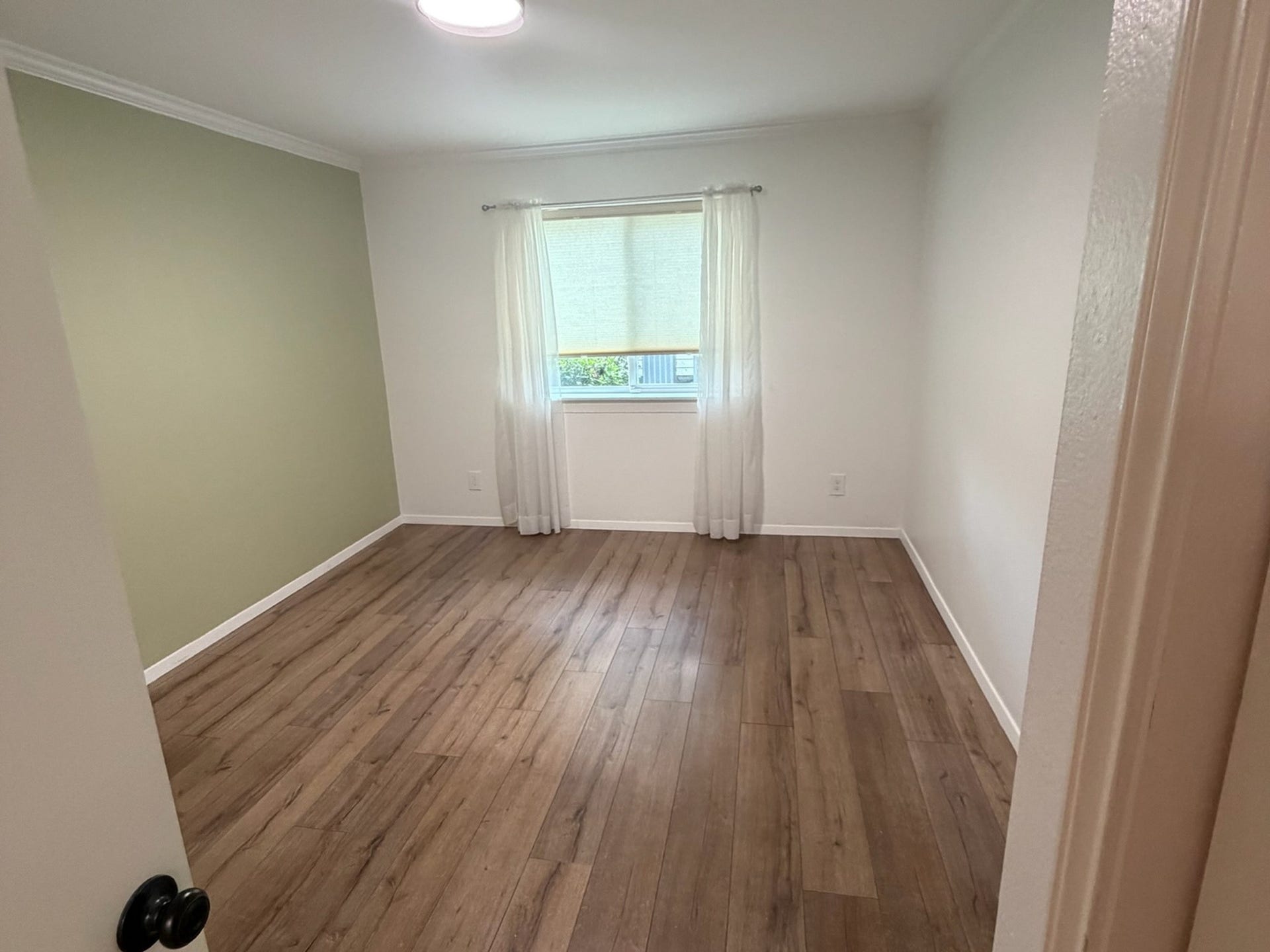 3500 Tangle Brush Drive, #65, The Woodlands, TX 77381 Primary bedroom offers warm wood-look flooring, a soft accent wall, crown molding, and a window that brings natural light into the space.